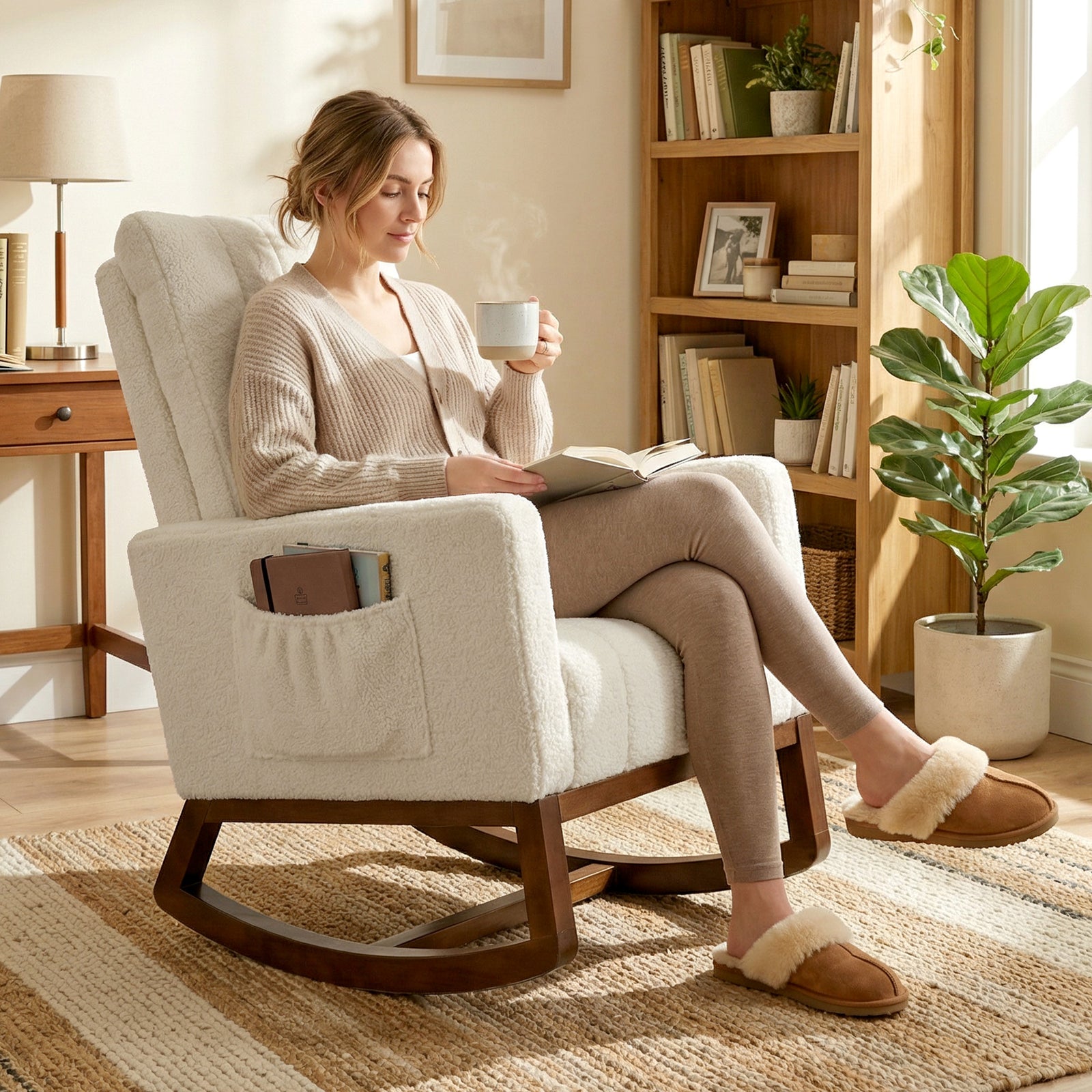 HOMCOM Rocking Chair For Adults, Lounge Rocker W/ Lumbar Pillow, Cream White