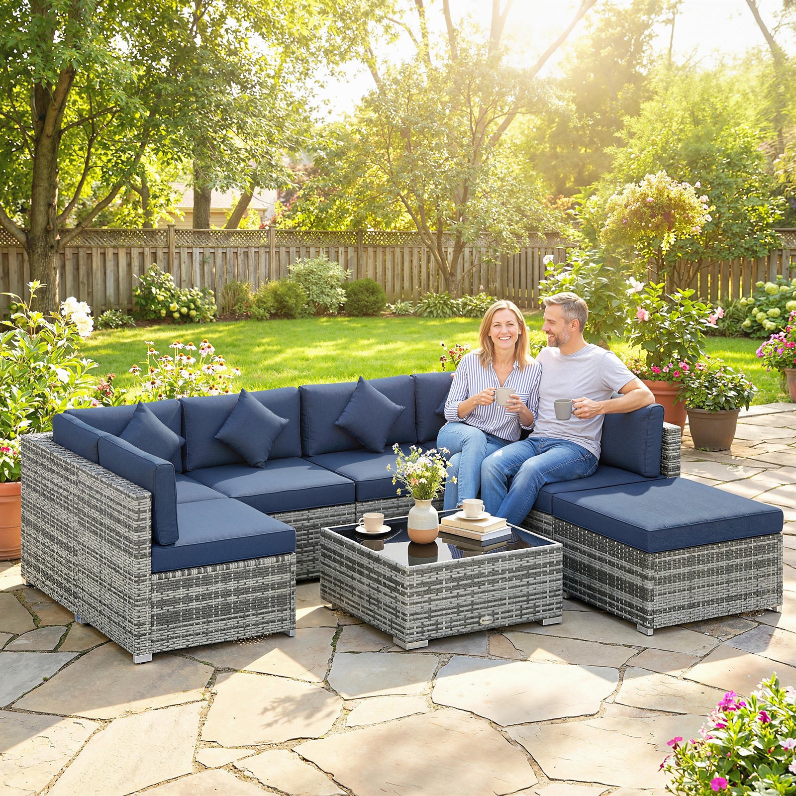 8 Pieces Patio Rattan Sofa Set, Garden Furniture Set | Blue
