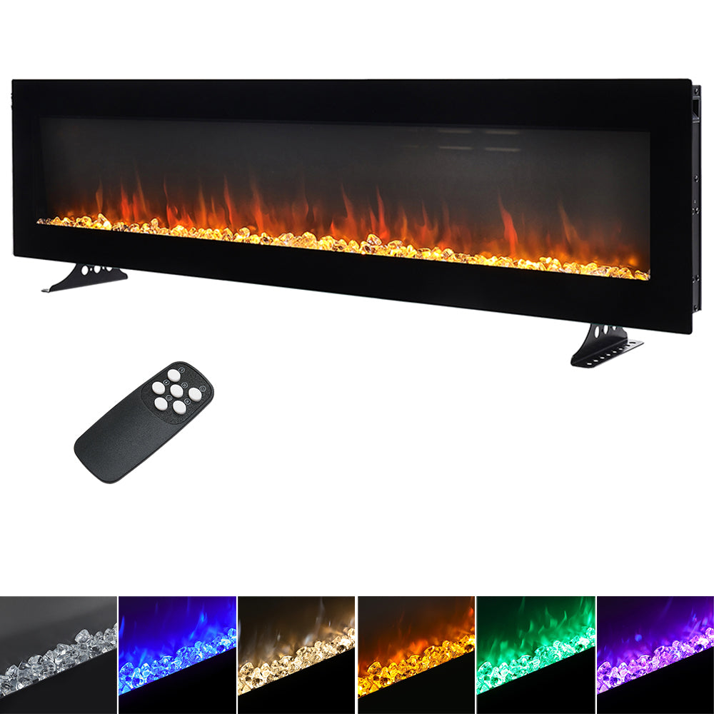 40/50/60-inch Electric Fireplace, Wall Mounted Or Freestanding, Tempered Glass Panel, 12 Flame Colors, 5 Brightness Levels, Timer & Remote Control | Small | Black