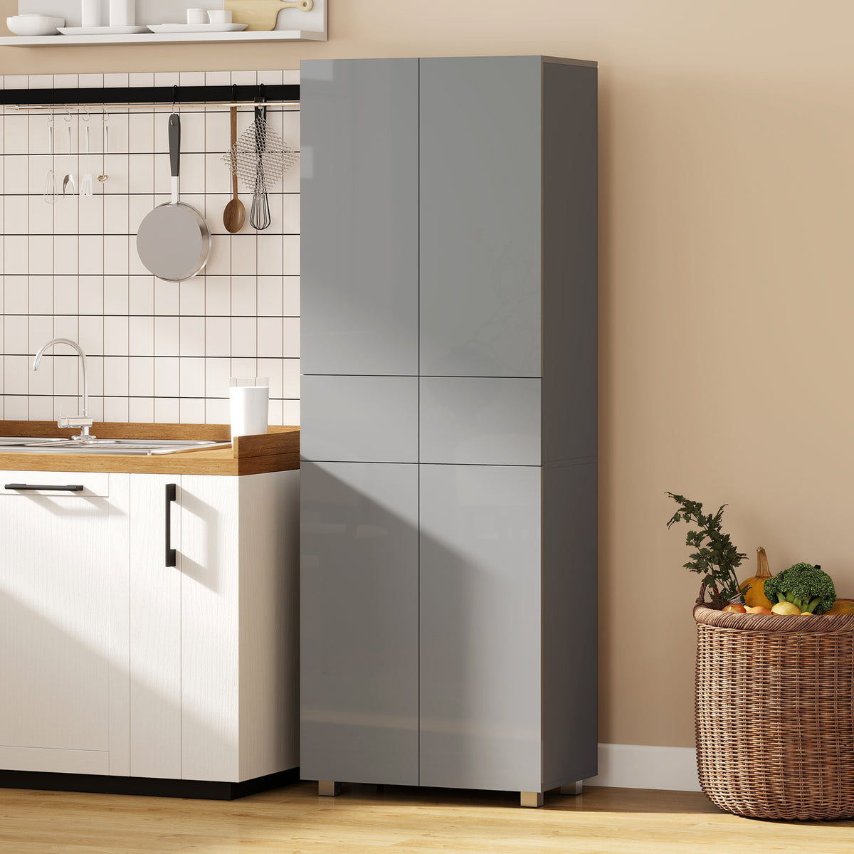 HOMCOM Kitchen Cupboard Storage Cabinet Push Open Doors And Drawers, Grey