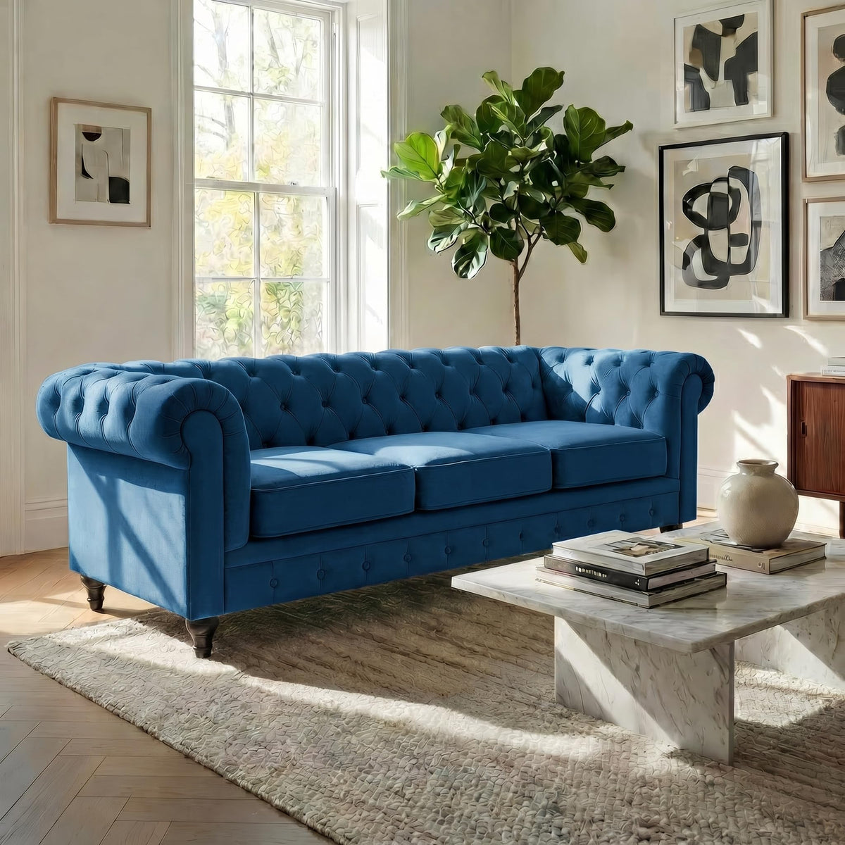 Chesterfield Scroll Arm Velvet Sofa 3 Seater | Navy Blue