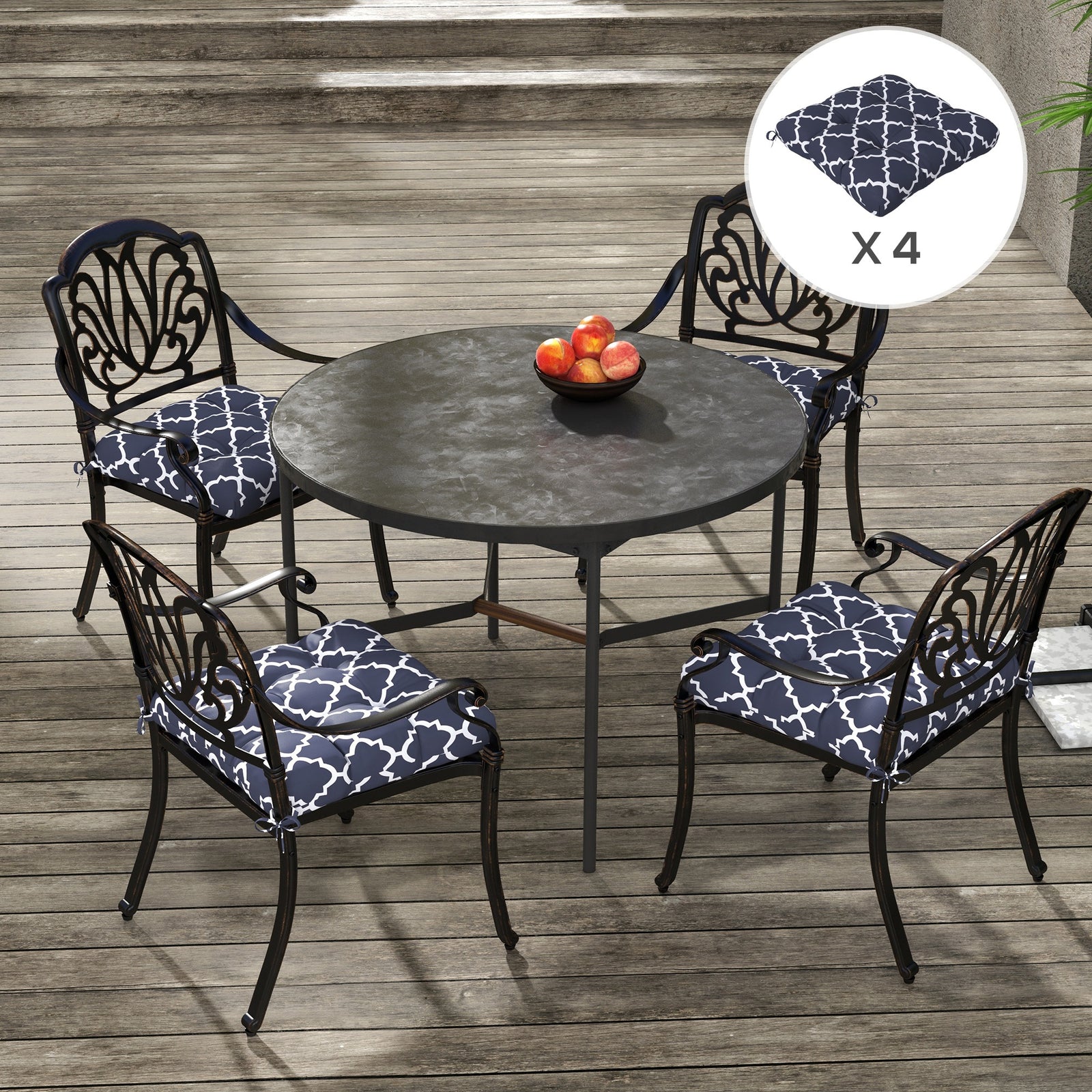 Set Of 4 Outdoor Seat Cushion W/ Ties, For Garden Furniture | Blue