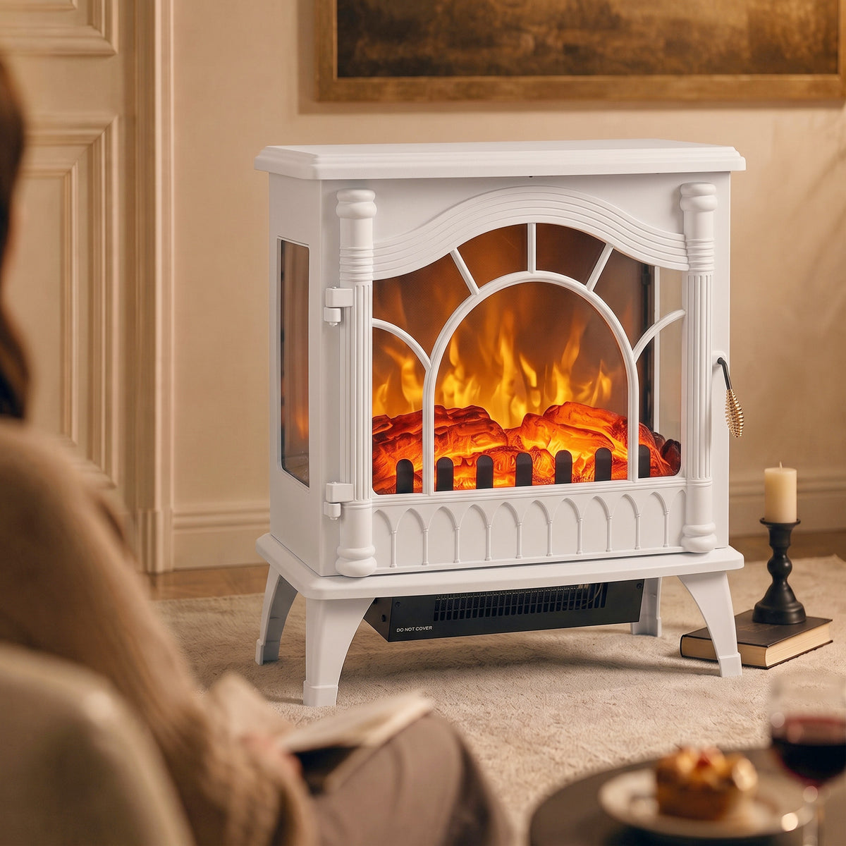 3-sided Glass Electric Fire Fan Heater With Flame Effect | White