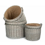 Set Of 3 Wicker Grey Wash Round Hessian Lined Log Basket