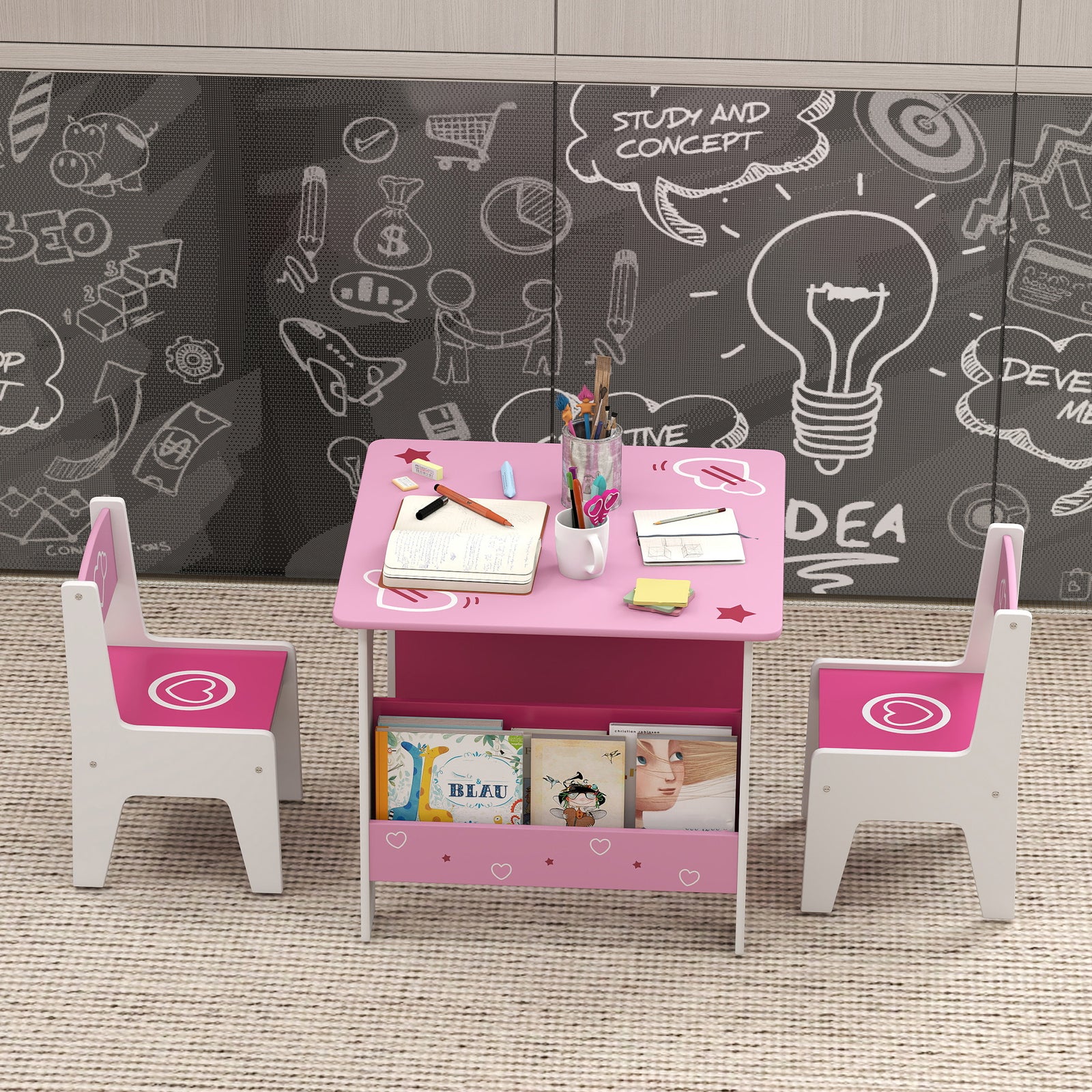 3 Pieces Kids Table And Chair Set With Bookshelves, Pink