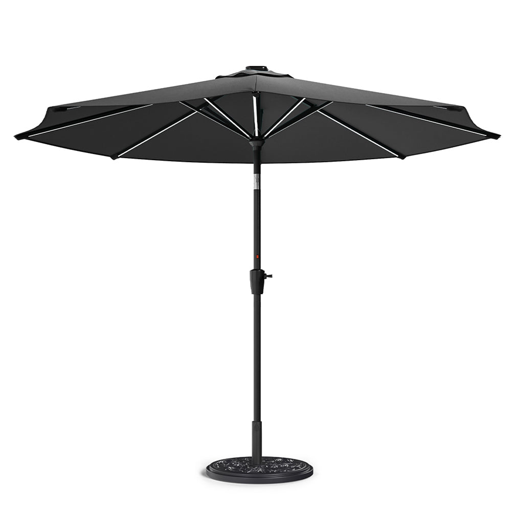 3m Solar Led Patio Umbrella, Outdoor Parasol With 16 Led Tubes, Crank Lift & Push Button Tilt With Cement Base | One Size | Dark Grey