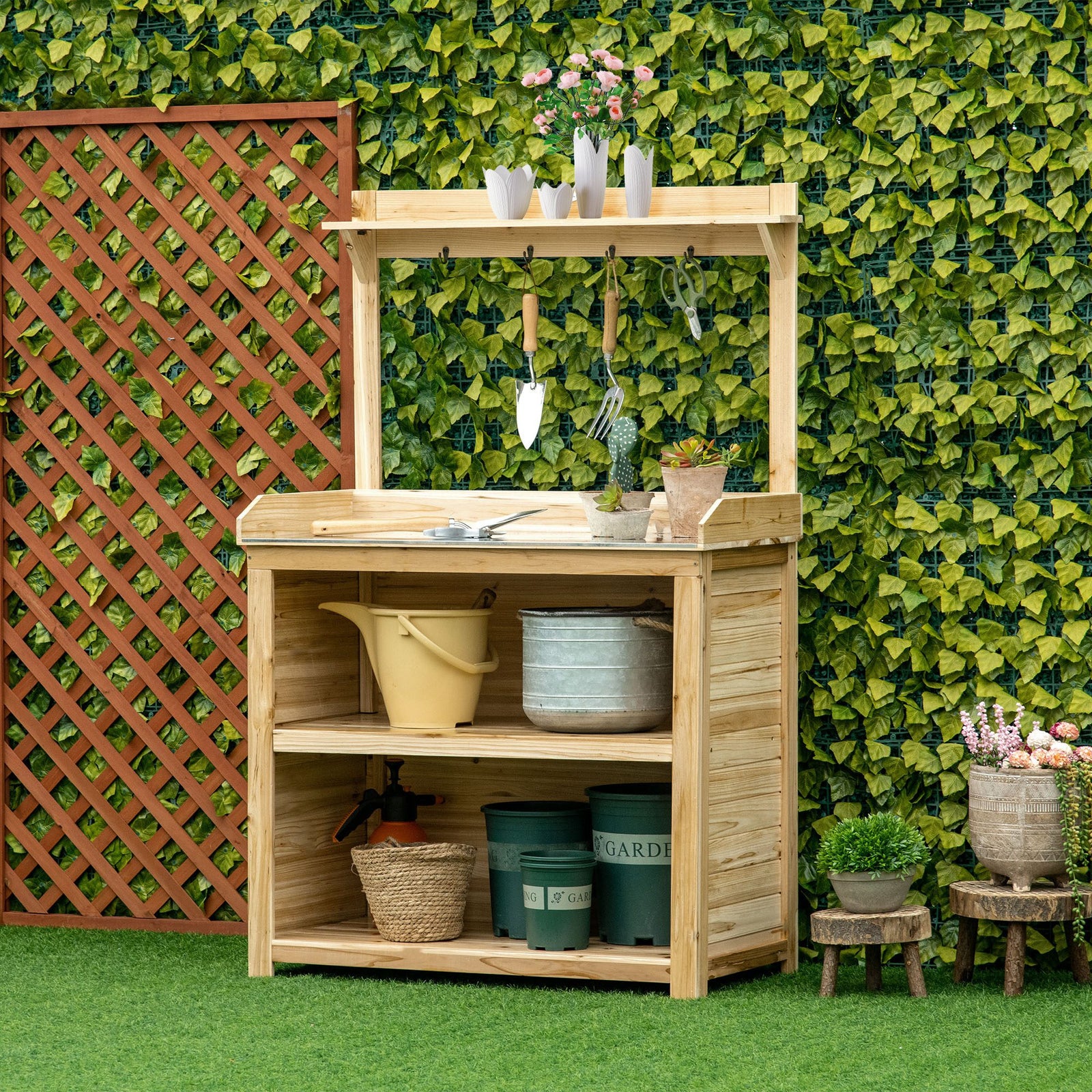 Potting Bench, Metal Tabletop Shelves, Green