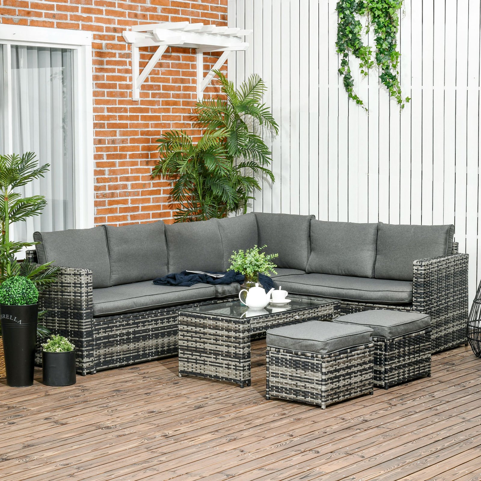 Outsunny 6pc Rattan Set W/ Loveseats Footstools Table Cushions