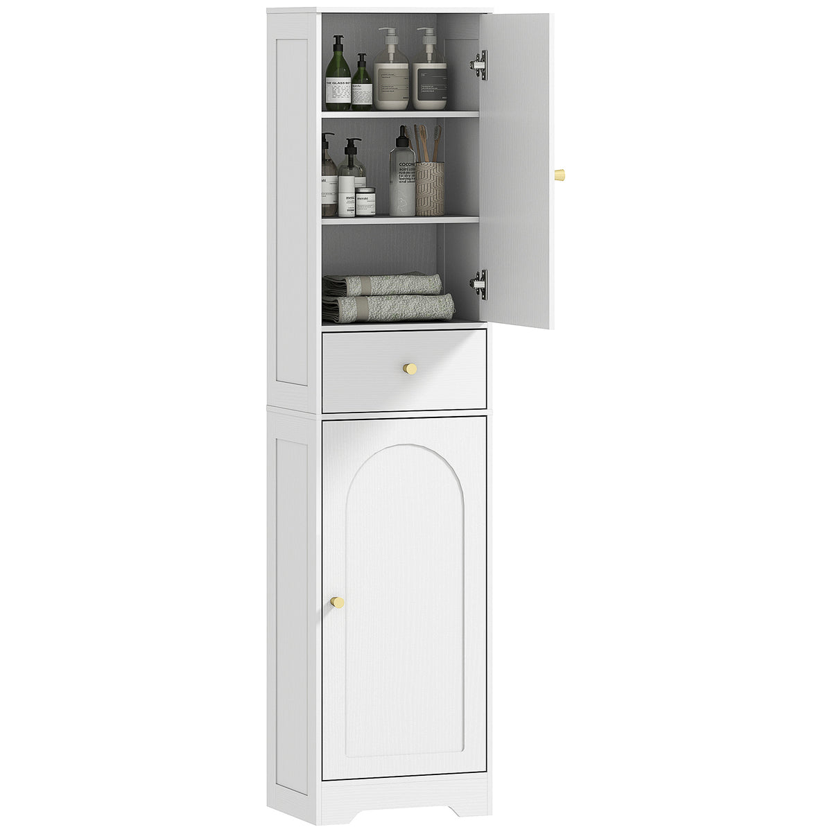HOMCOM Tall Bathroom Storage Cabinet With Arch Doors Adjustable Shelf White