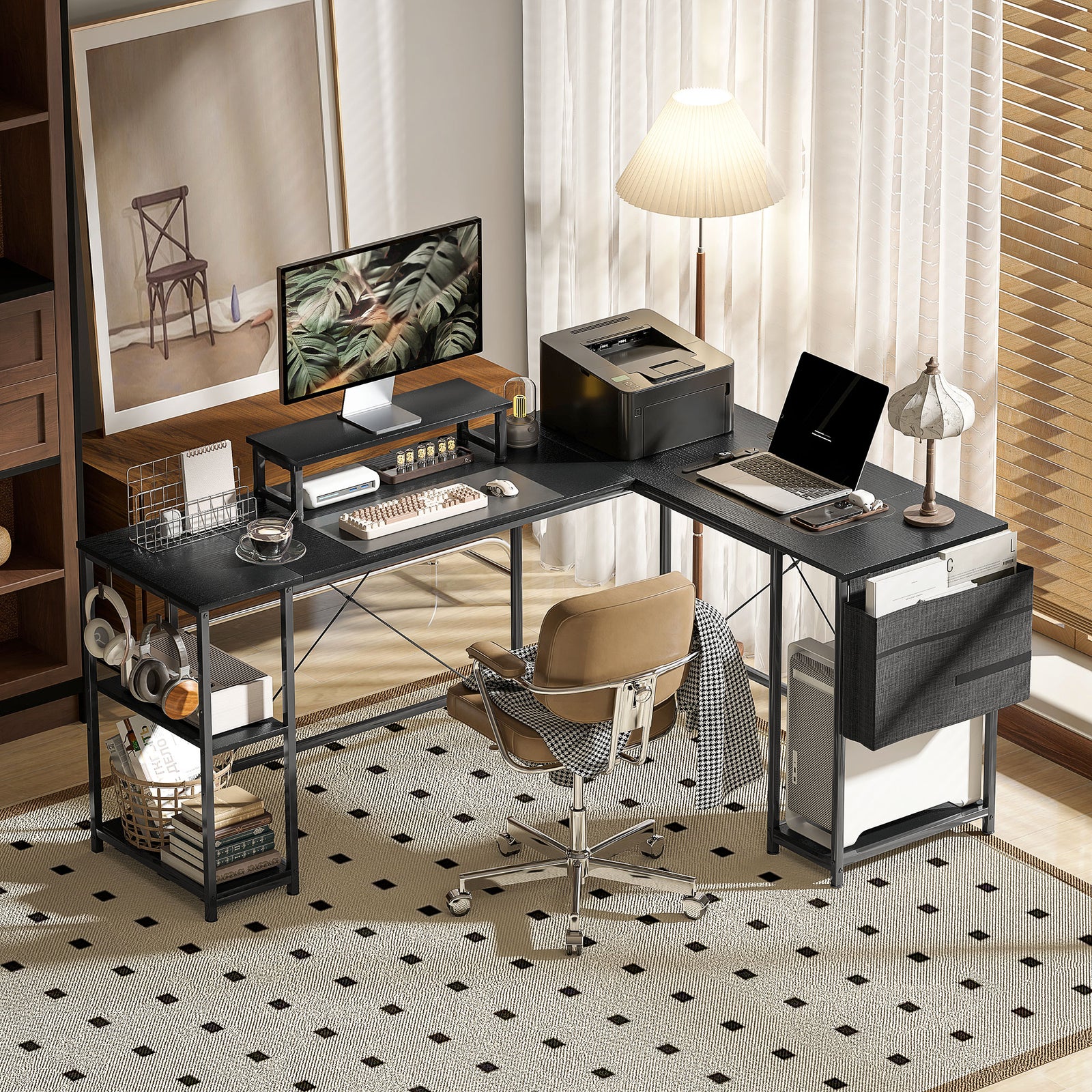 168cm Reversible L Shaped Desk, 240cm Two Person Desk | One Size | Black