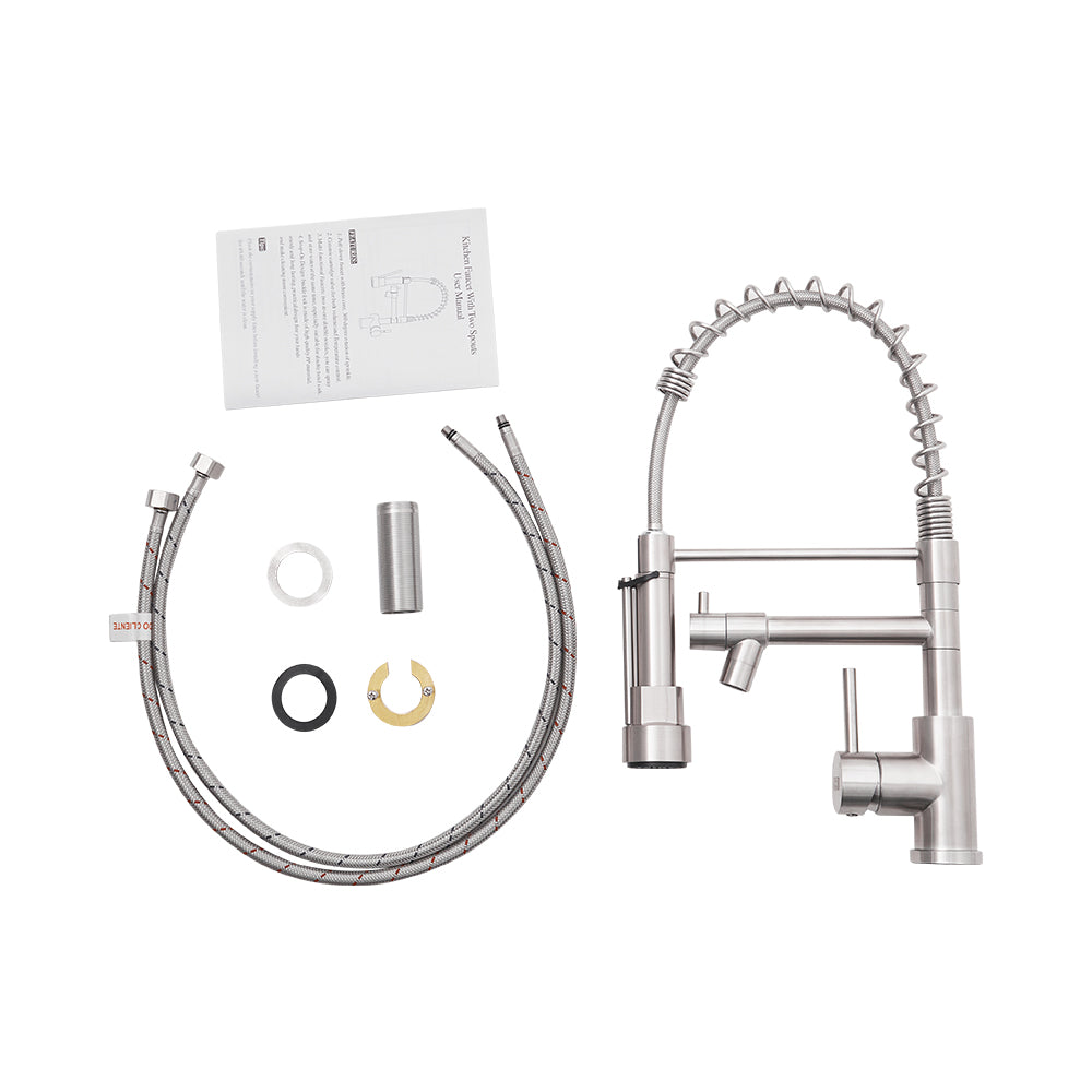 Stainless Steel Kitchen Faucet With Pull Down Spring Spout And Pot Filler | Brushed Nickel