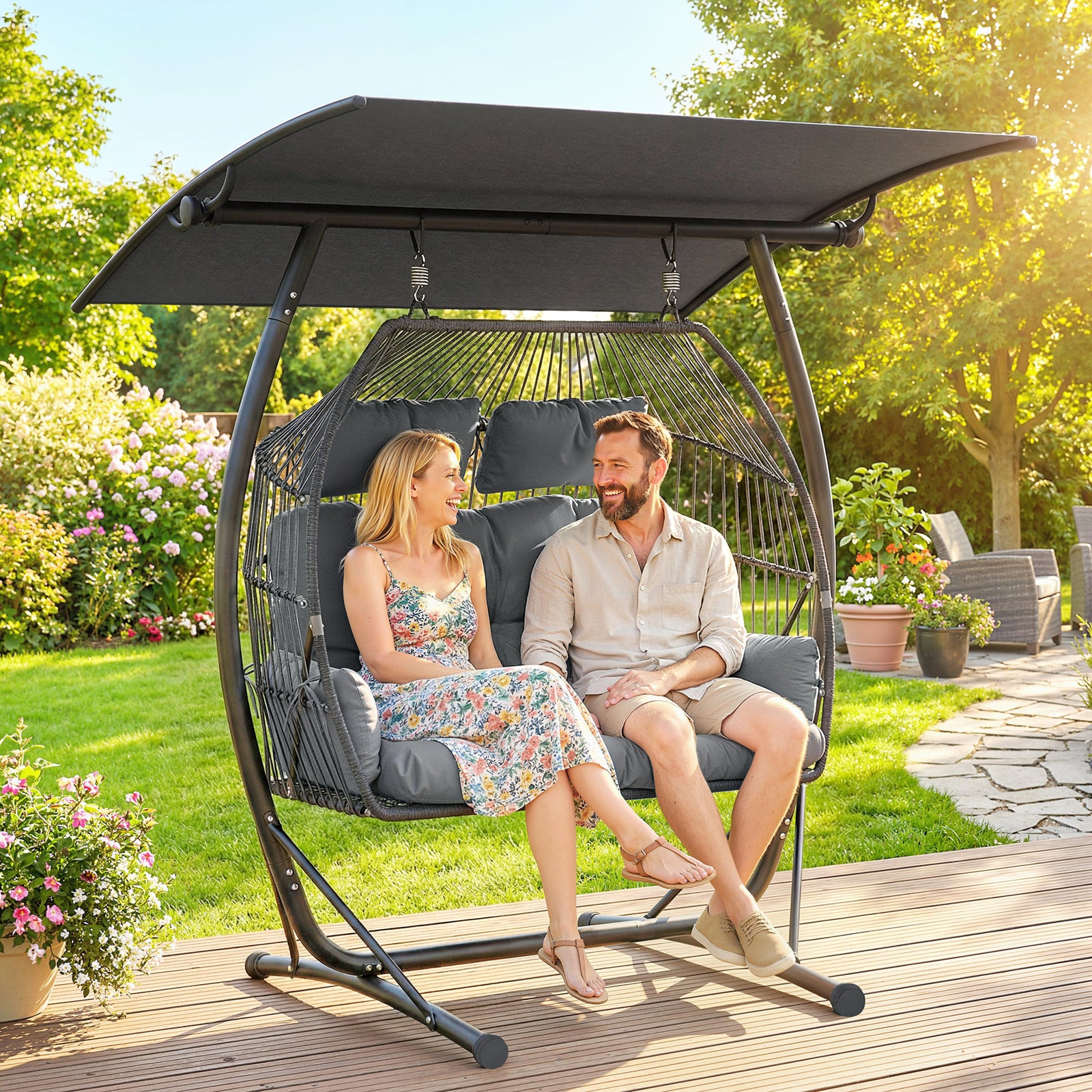 Outsunny Double Hanging Egg Chair With Canopy, Egg Swing Chair, Dark Grey
