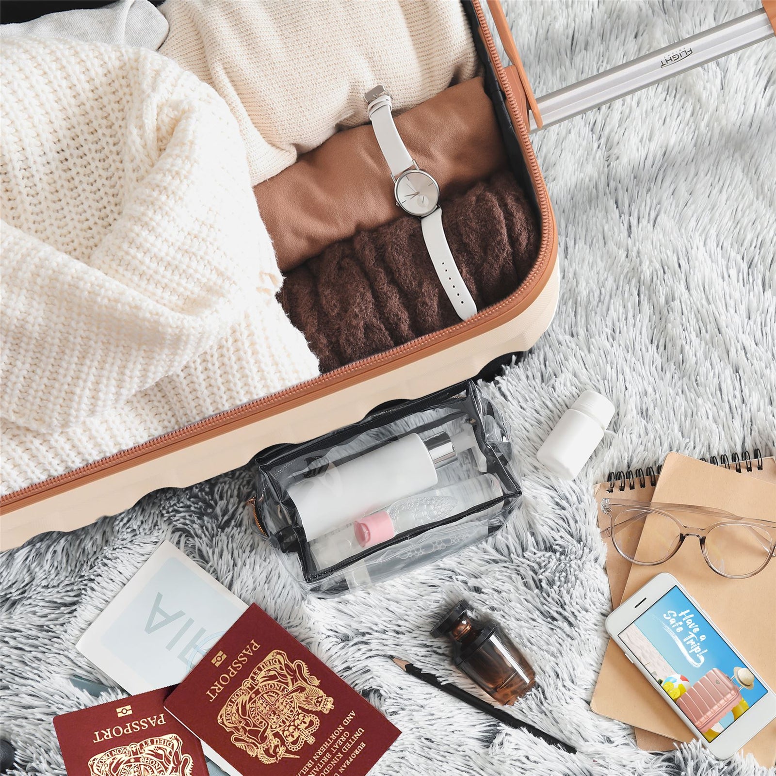56x45x25cm Hard Cabin Suitcase - Lightweight 2-Wheel ABS Carry On Hand Luggage | Cabin | Cream