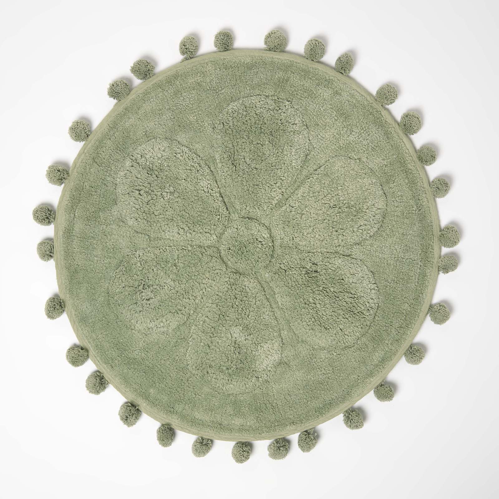 Floral Tufted Round Bathmat With Pom Poms | 60cm | Sage Green