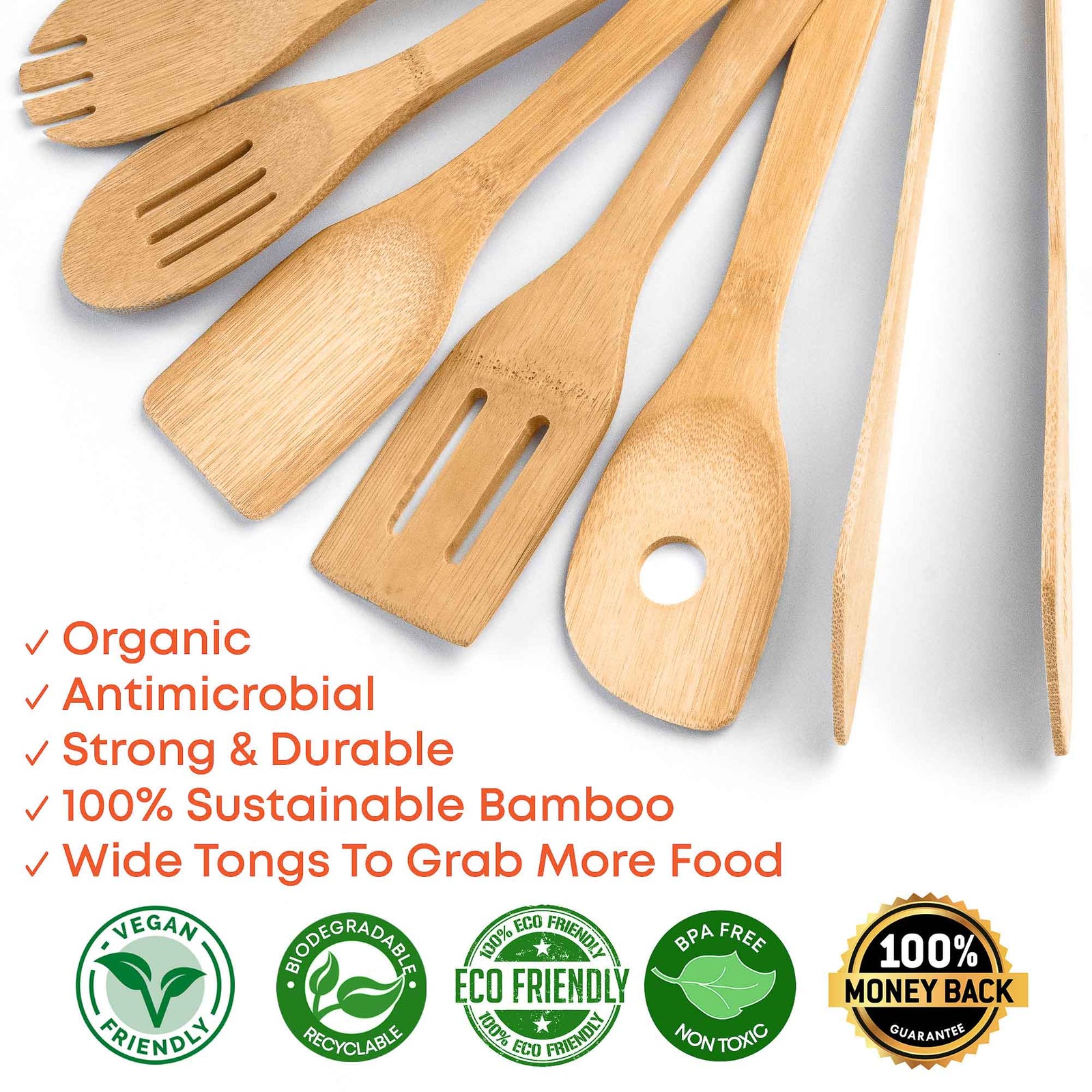 BlauKe Wooden Kitchen Utensils Set Of 8 - Non-stick Bamboo Cooking Utensils - Wooden Spatulas, Wooden Spoons, Tong, Utensil Holder