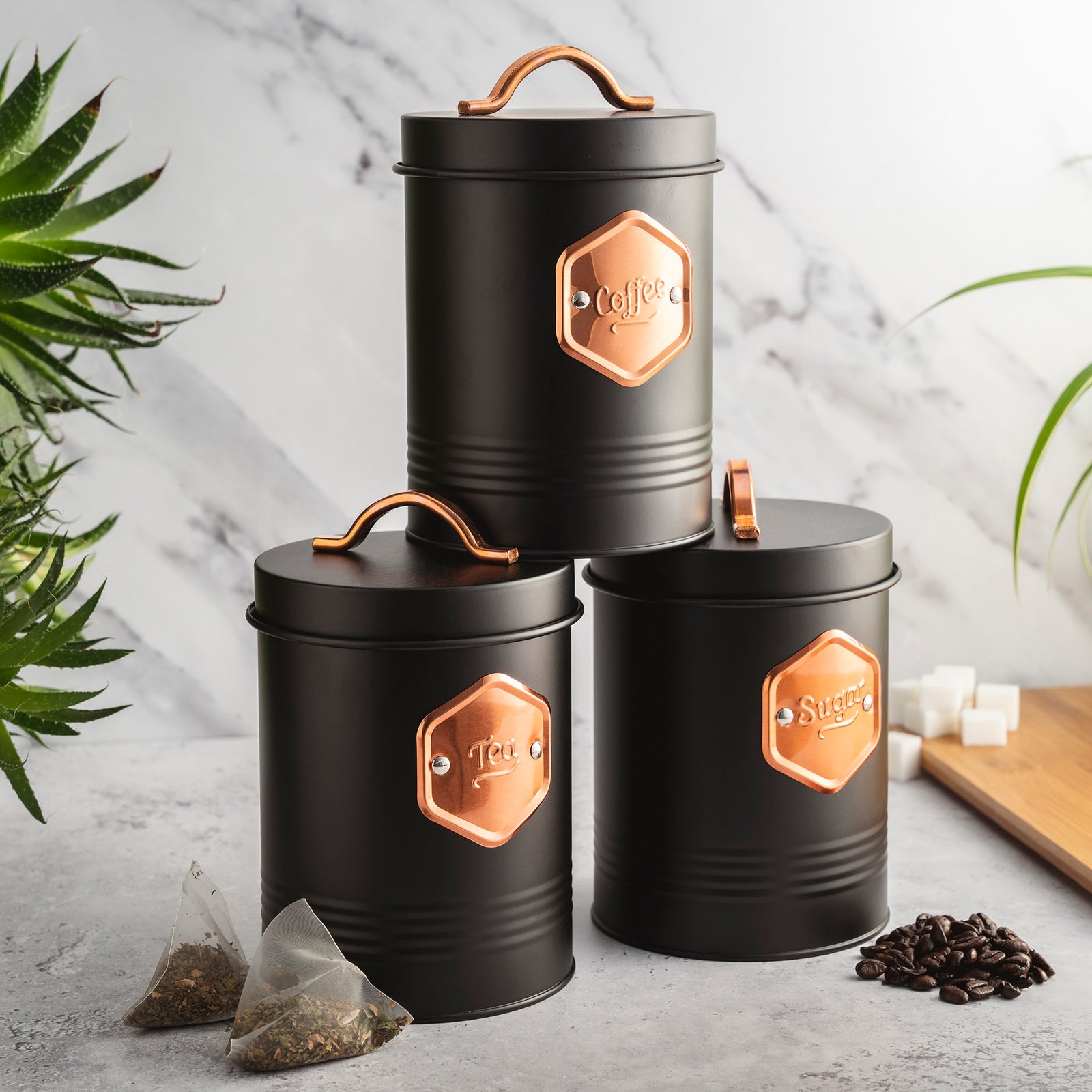 Tea Coffee & Sugar Canisters Bin Jar Storage 3pc Black/copper | Copper