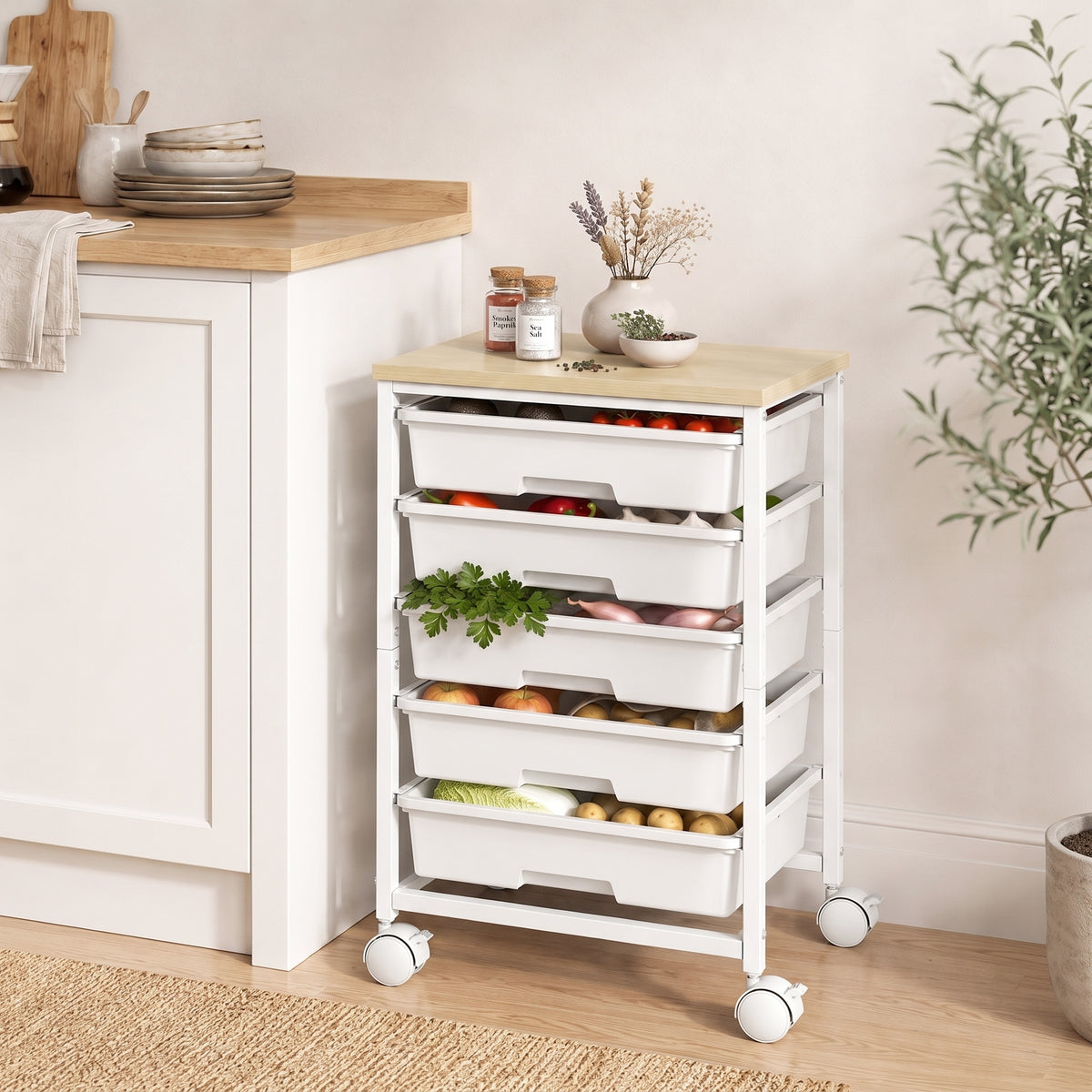 HOMCOM 6-tier Storage Trolley On Wheels With 5 Pull-out Drawers