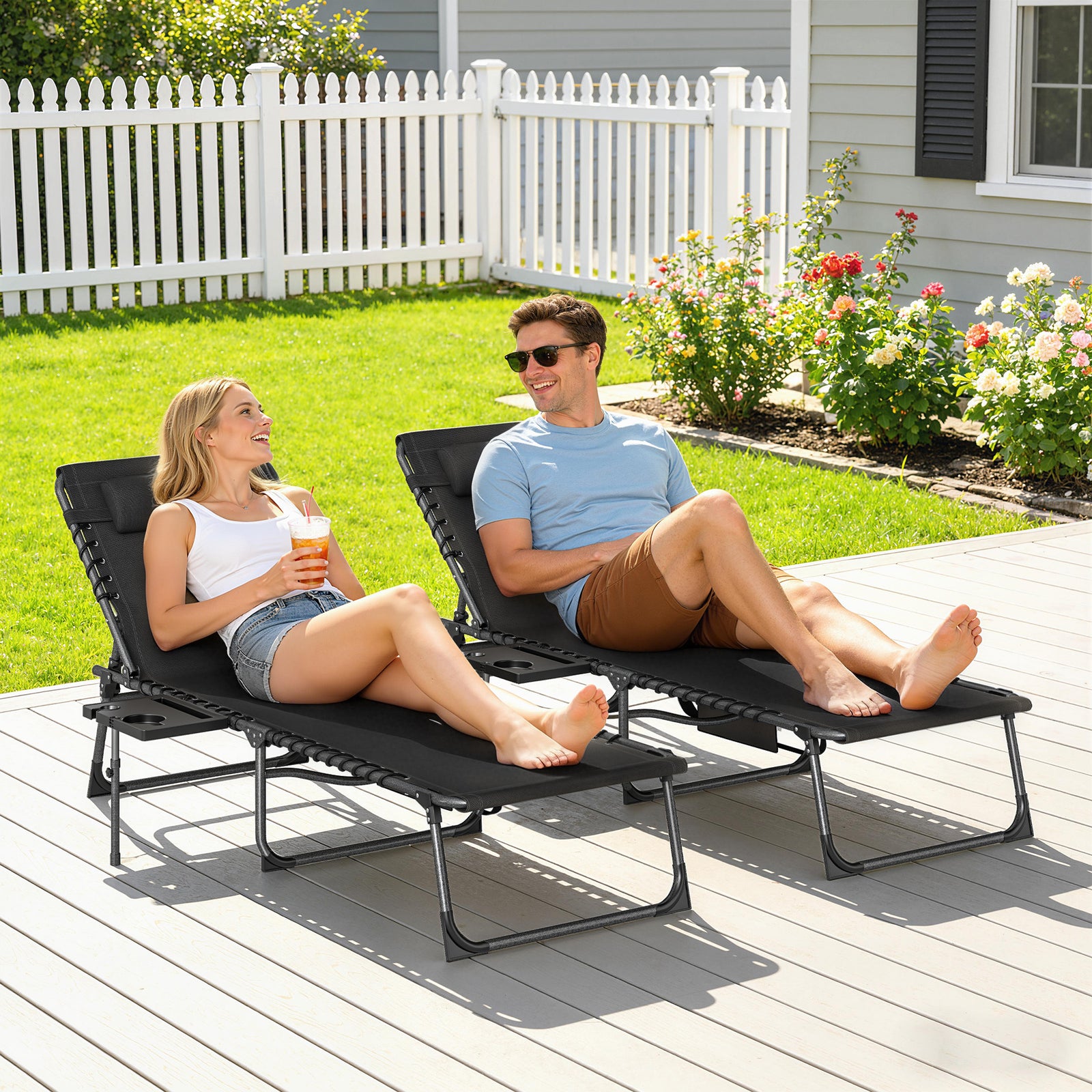 Folding Sun Loungers With 5-level Back, Cup Holder | Black