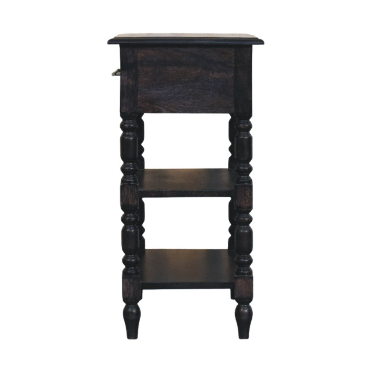 Heritage Turned-leg Side Table,1 Drawer, 2 Open Shelves, Dark brown