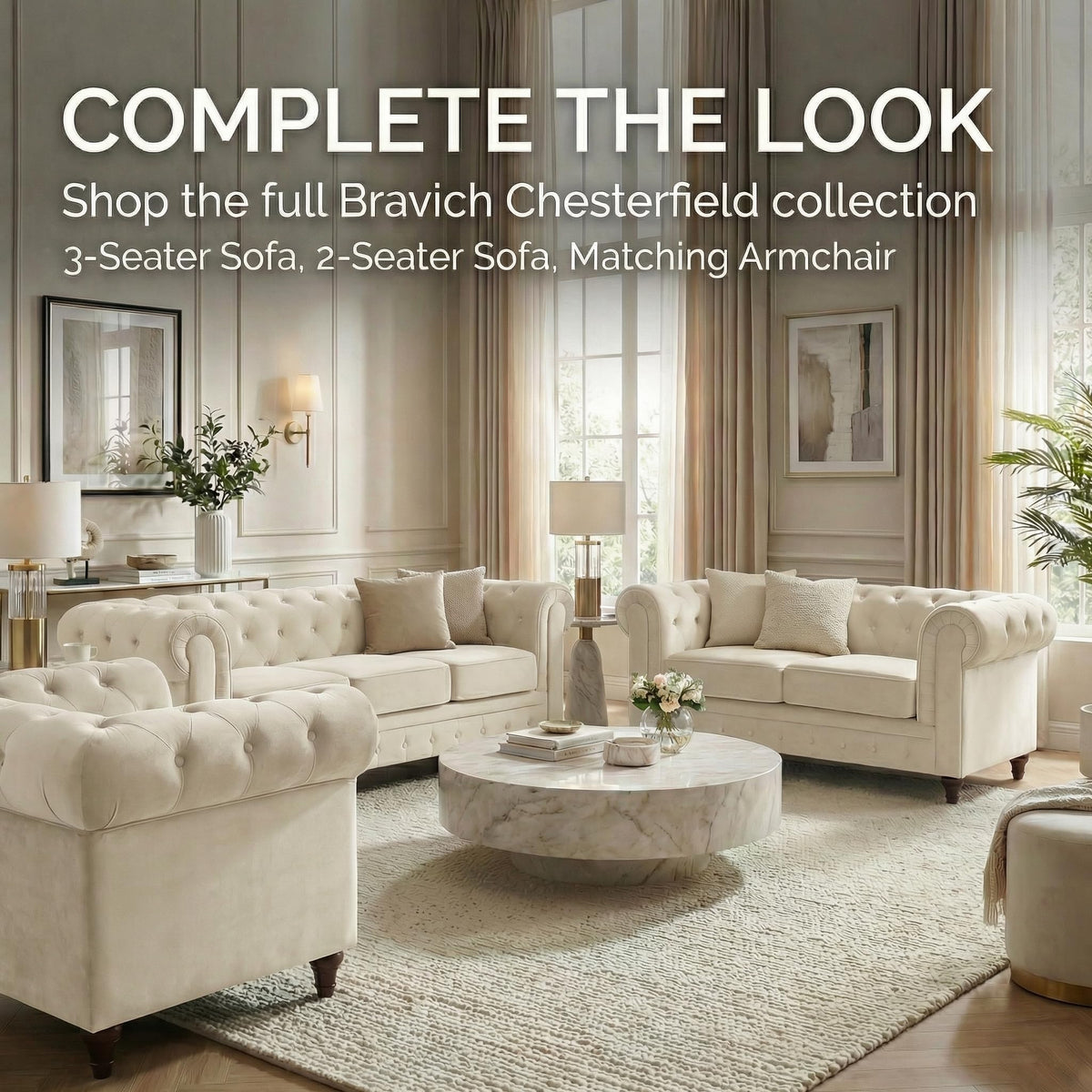 Chesterfield Scroll Arm Velvet Sofa 3 Seater | Beige
