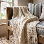 Pure Handmade 100% Wool Heavyweight Waffle Bed & Sofa Throw Blanket, Cream