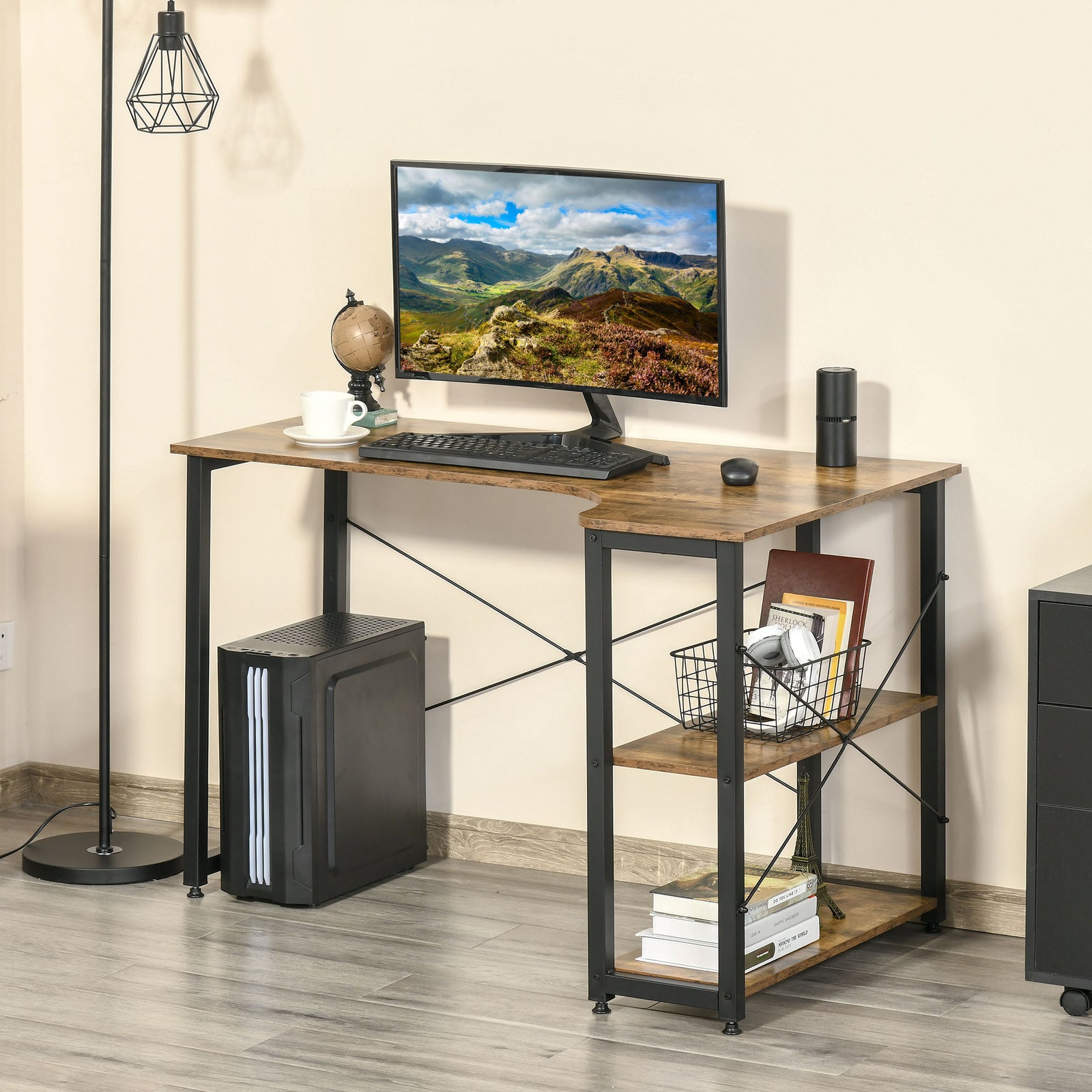 L Shaped Desk, 2 Shelves, Steel Frame