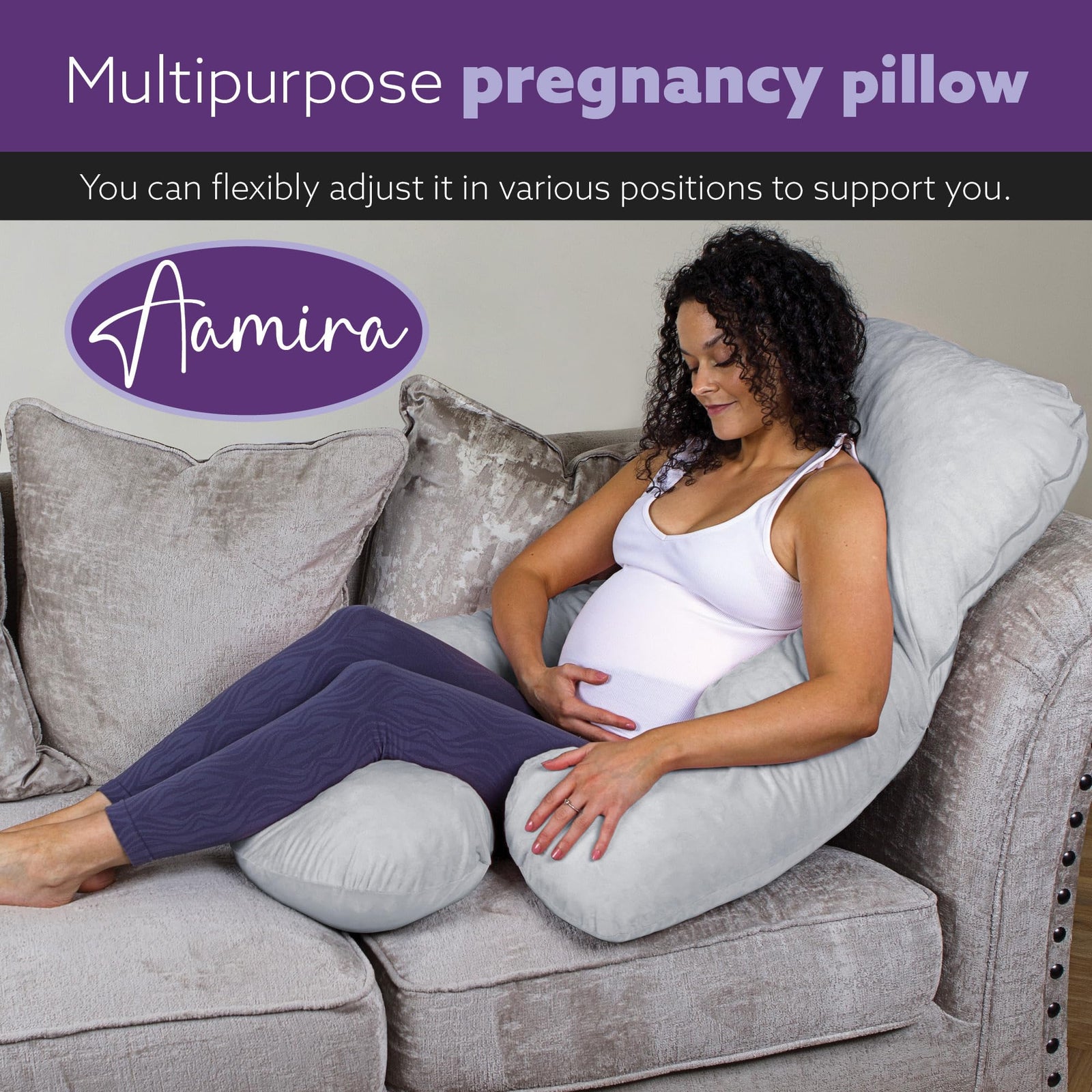 J Shaped Pregnancy Pillow, 140x70x20cm Shredded Memory Foam Full Body Maternity Cushion For Sleeping | J Shape | Light Grey