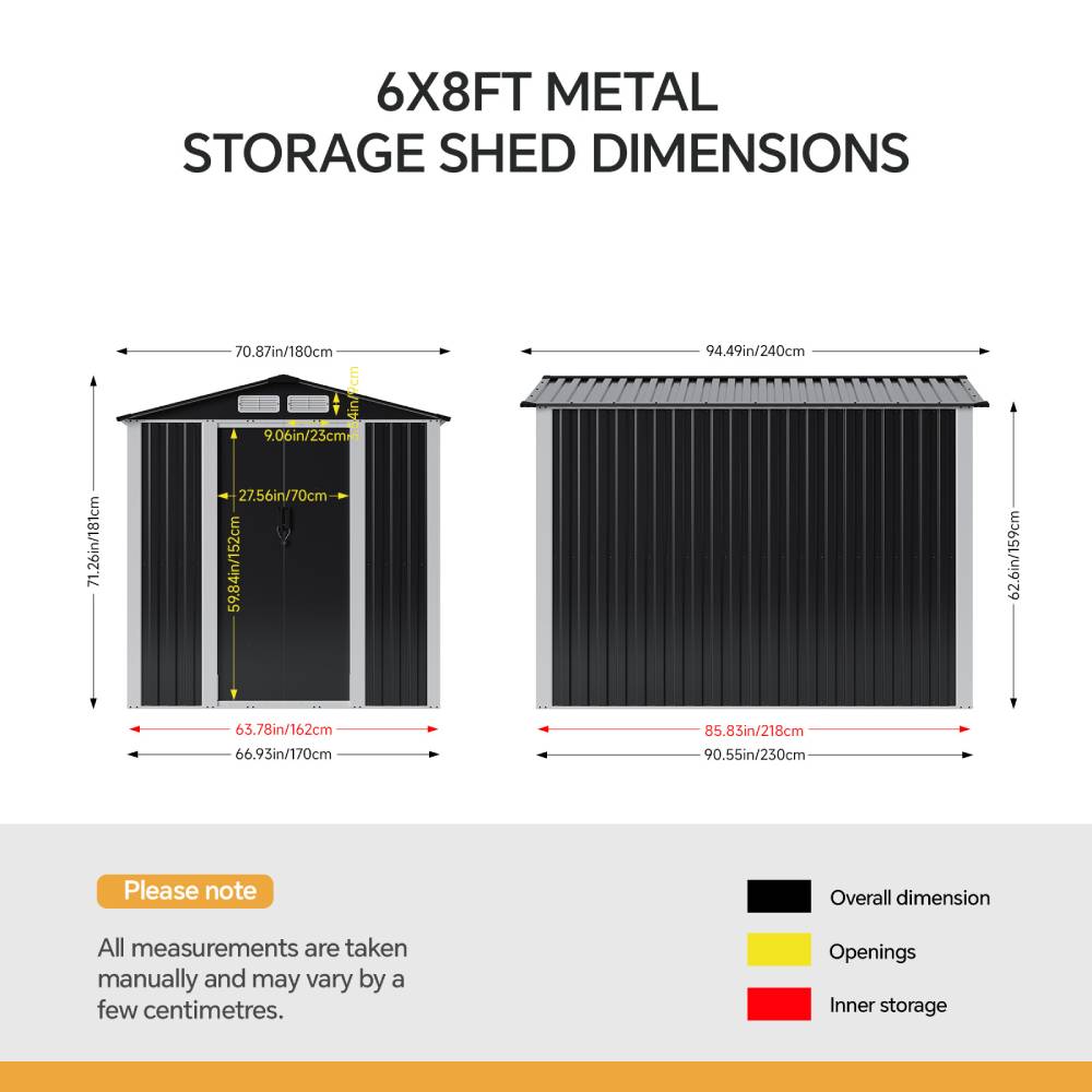 Breeins 6 X 8ft Heavy Duty Metal Outdoor Storage Shed with Apex Roof, Double Sliding Doors & Vents, Lockable Garden Tool Storage House for Backyard Patio Lawn