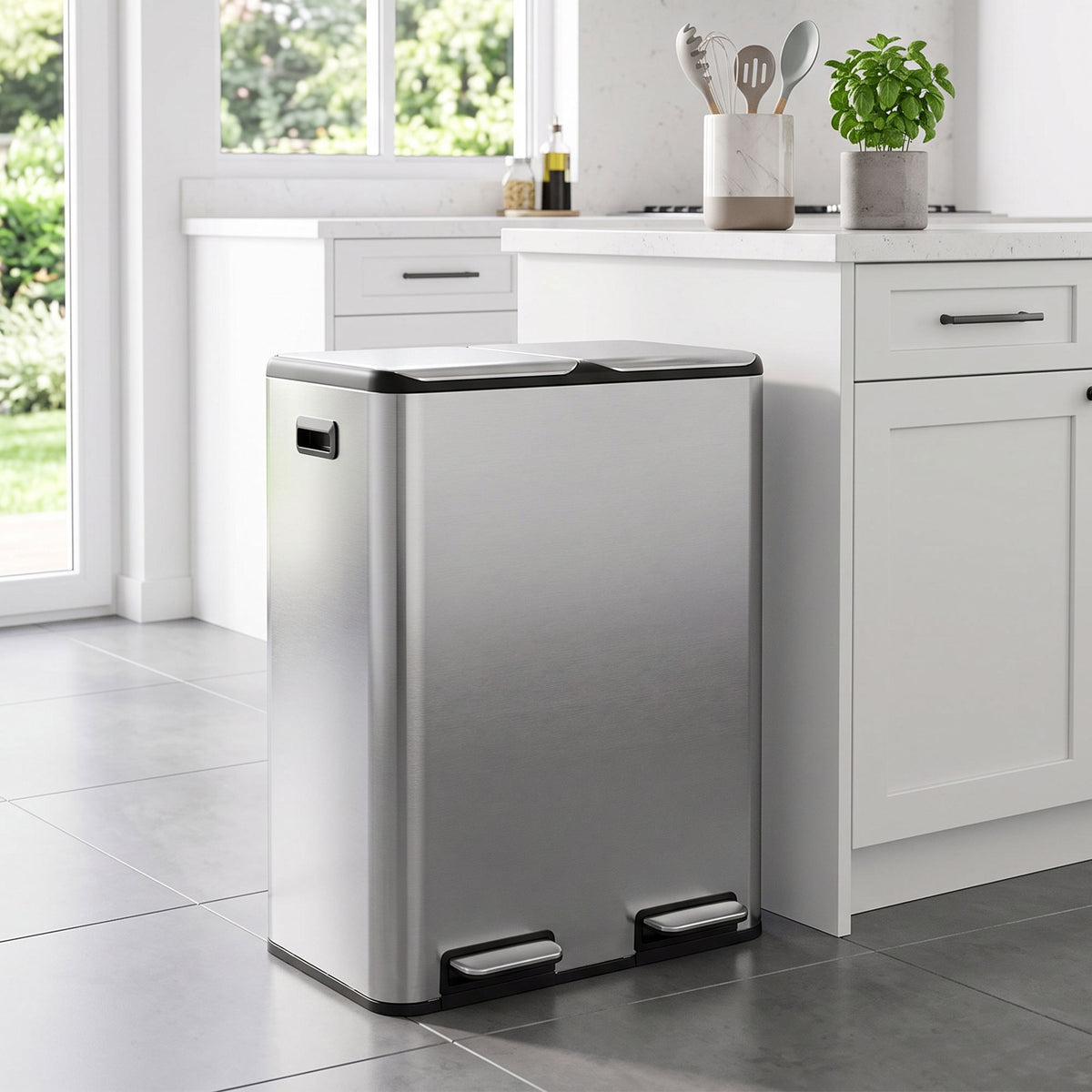 2x30l Kitchen Bin, Stainless Steel Recycling Bin | Silver