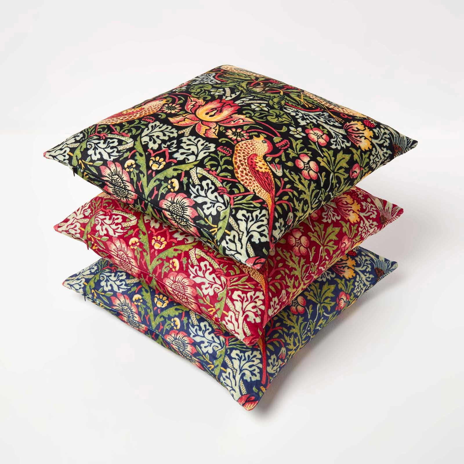 William Morris Strawberry Thief Velvet Cushion | 45cm x 45cm | Black