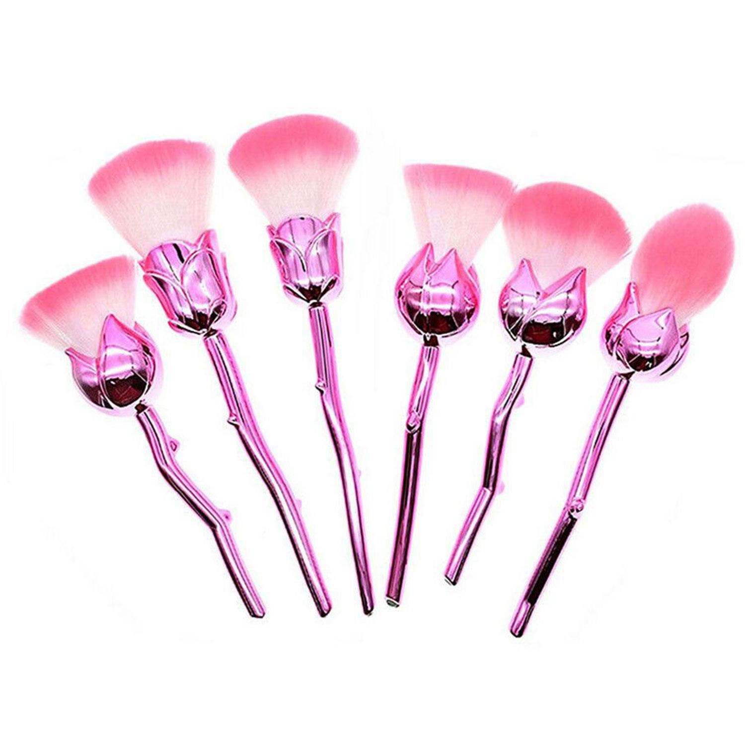 Aquarius 6pcs Rose Makeup Brush Set Pink Flower Sculpted Handle Cosmetic Tool Kit