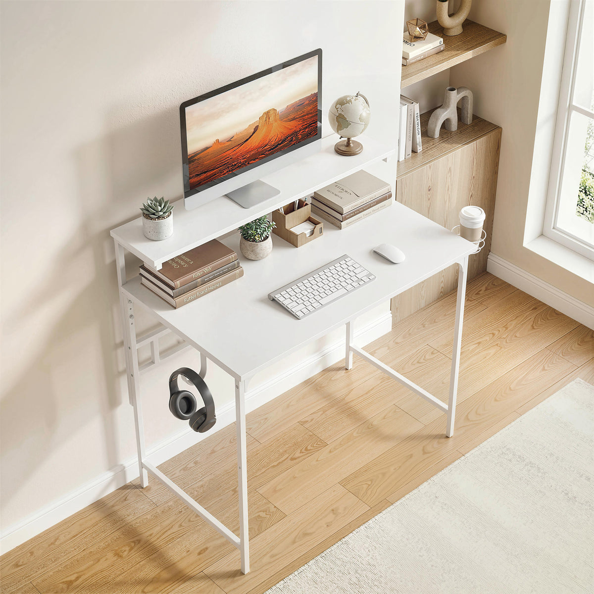 Computer Desk, 80cm Home Office Study Table With Hutch Shelf | White