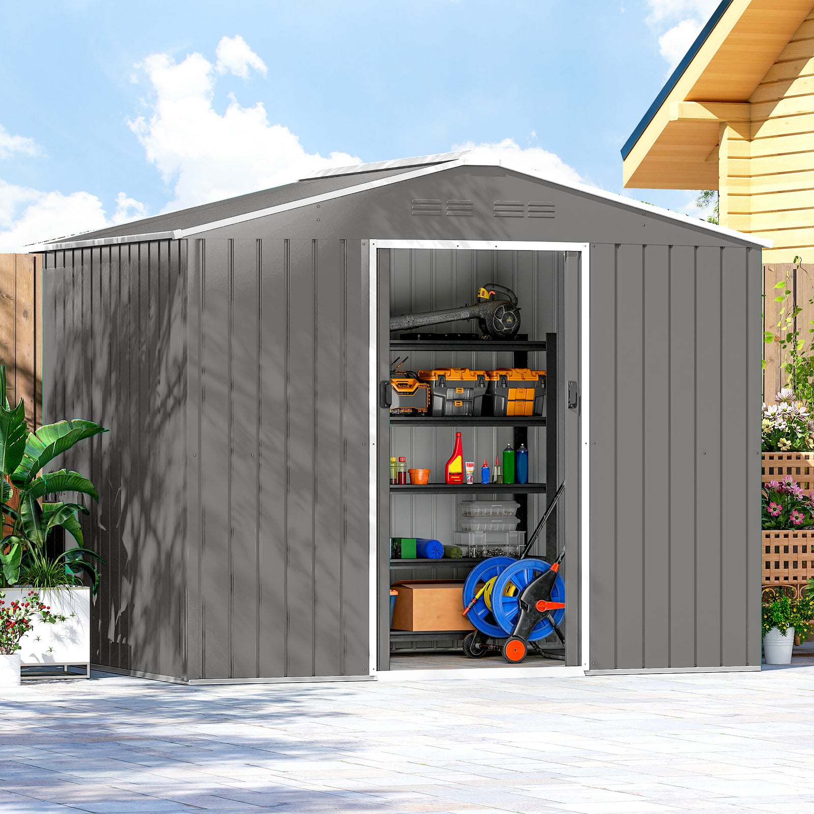 8 X 6ft Garden Storage Shed With Double Door | Light Grey