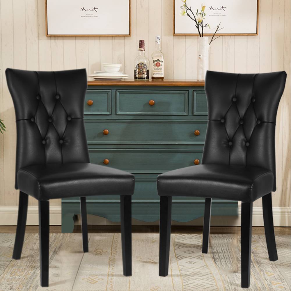Set Of 2 Leather High Backrest Dining Chairs