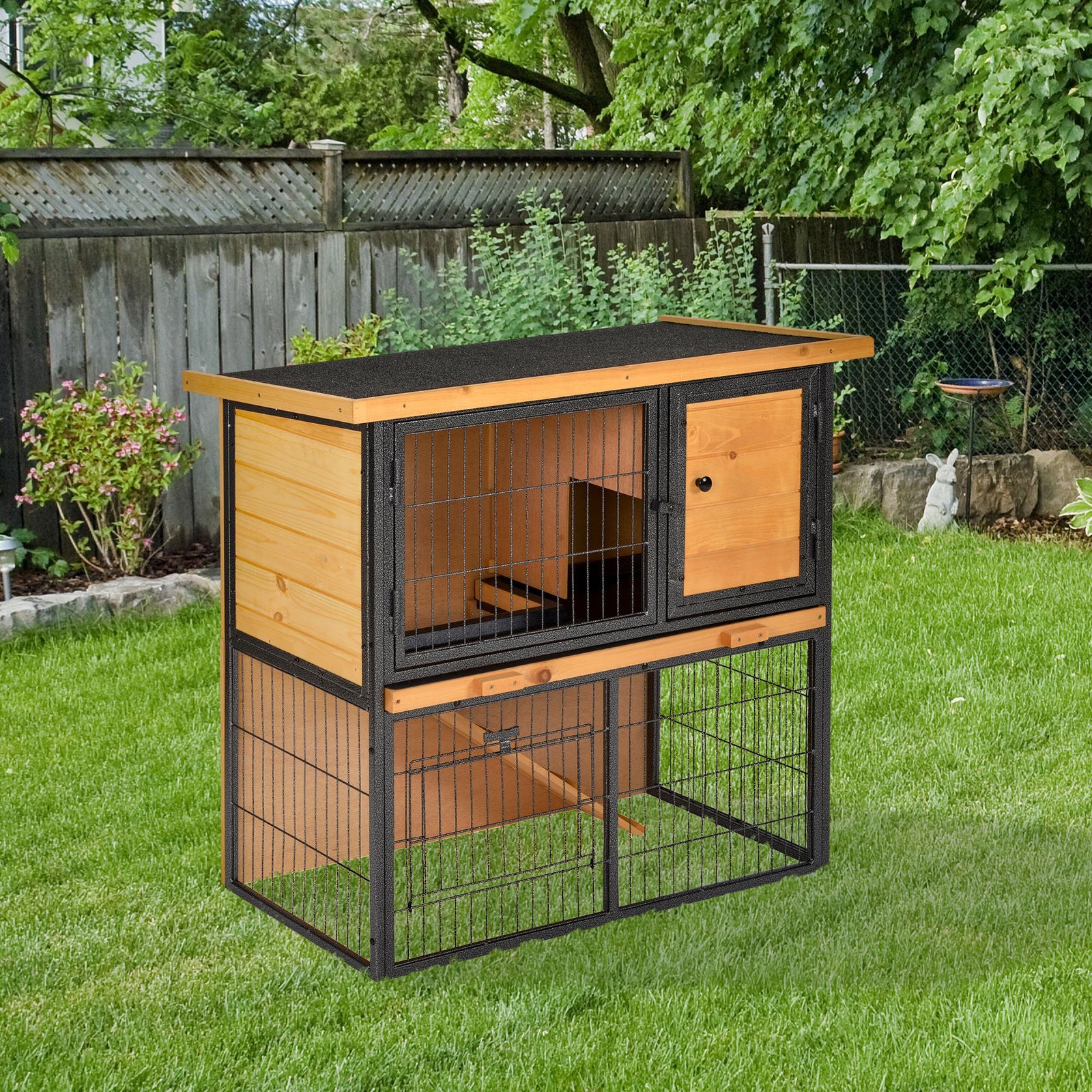 Wood-metal Rabbit Hutch Elevated Pet House Outdoor 89.5 X 45 X 81cm