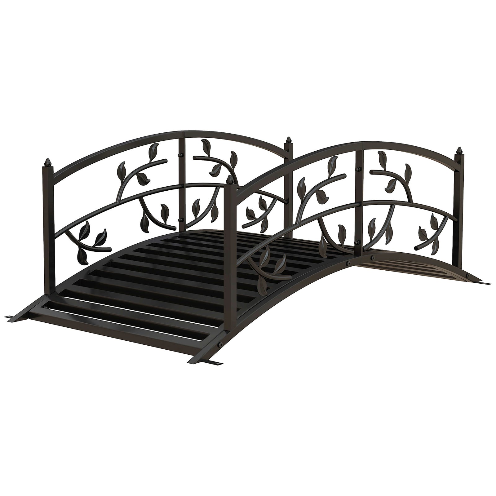 1.2m Metal Garden Bridge With Railings, Vine Pattern, Black