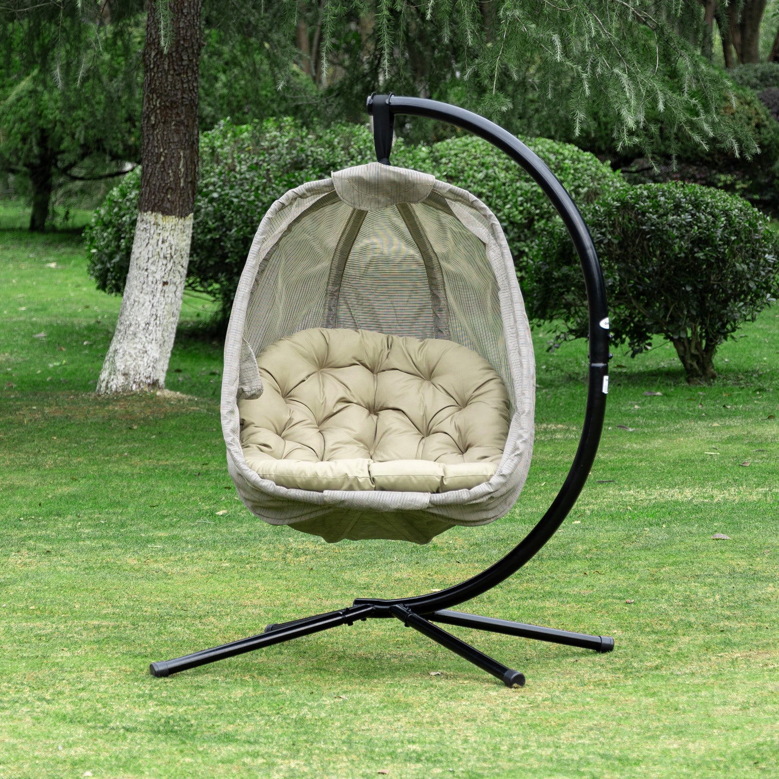 Folding Textelin Swing Hammock Egg With Side Pocket, Cushion | Khaki