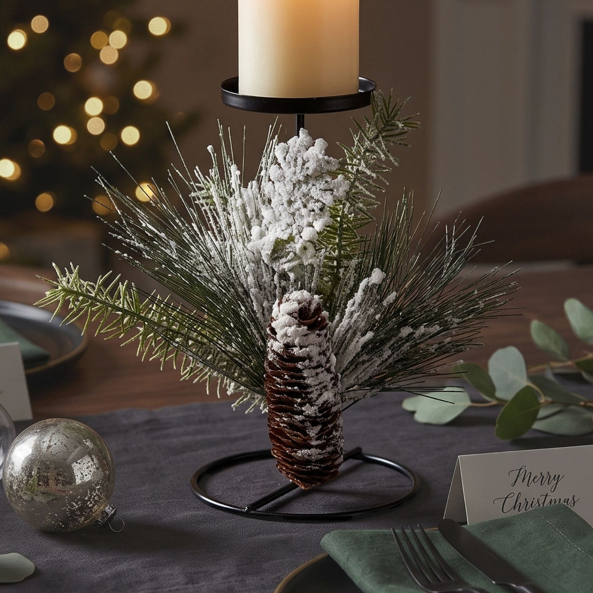 HOMESCAPES Frosted Artificial Pine Branch Christmas Candle Holder
