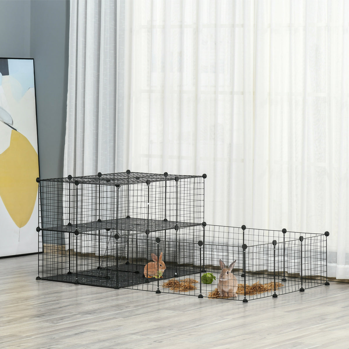 PawHut Pet Playpen With Door, Guinea Pigs Mesh Cage For Small Animal, Black