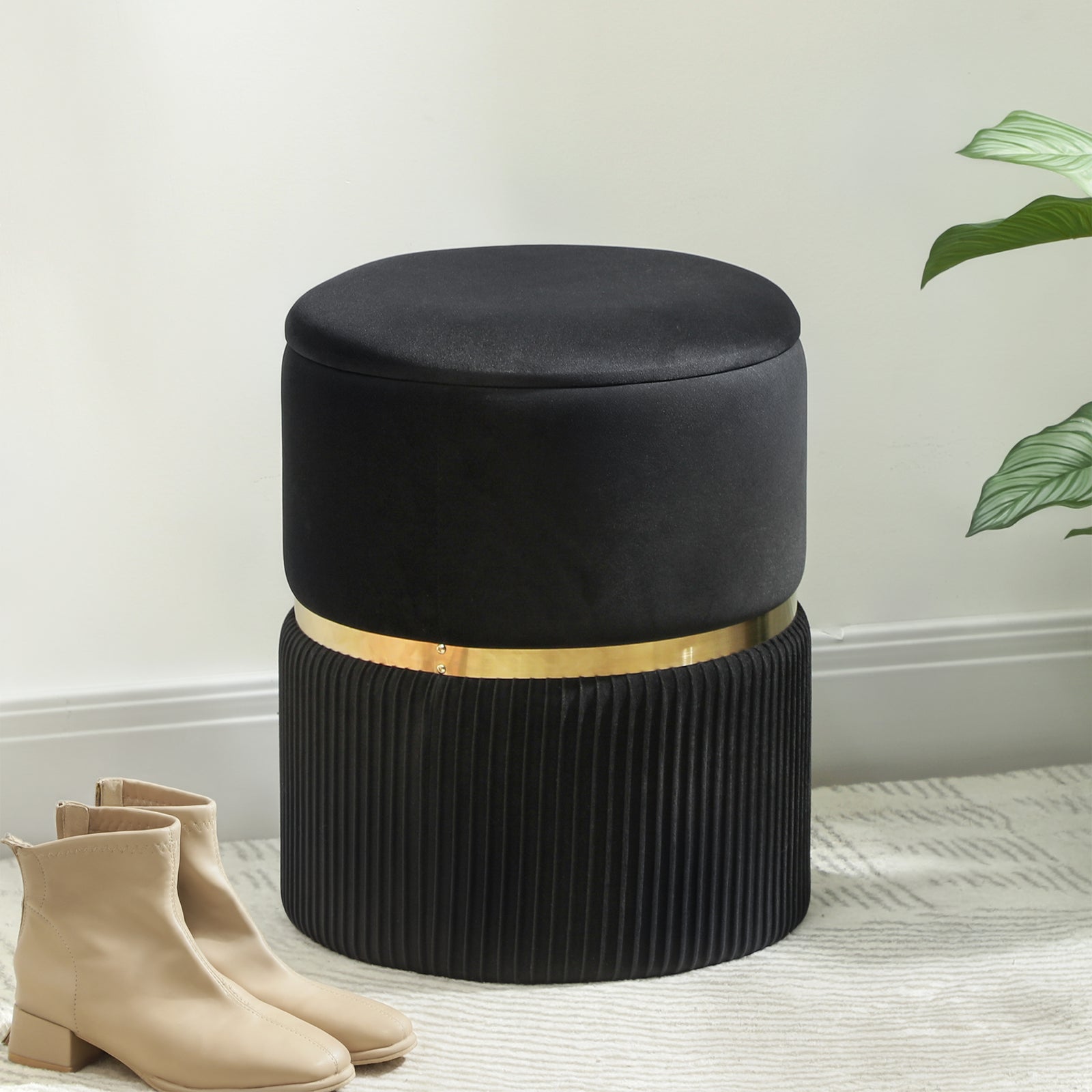 Round Pouffe Storage Footstool With Hidden Space | Black