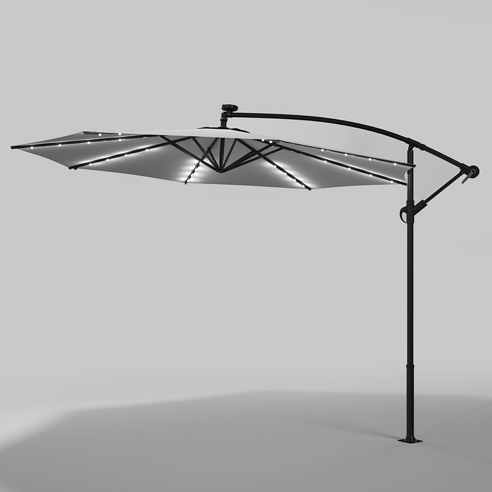 3 M Banana Patio Umbrella Cantilever Garden Parasol With Solar-powered 32 Led Lights, Crank For Opening Closing Without Base | One Size | Light Grey