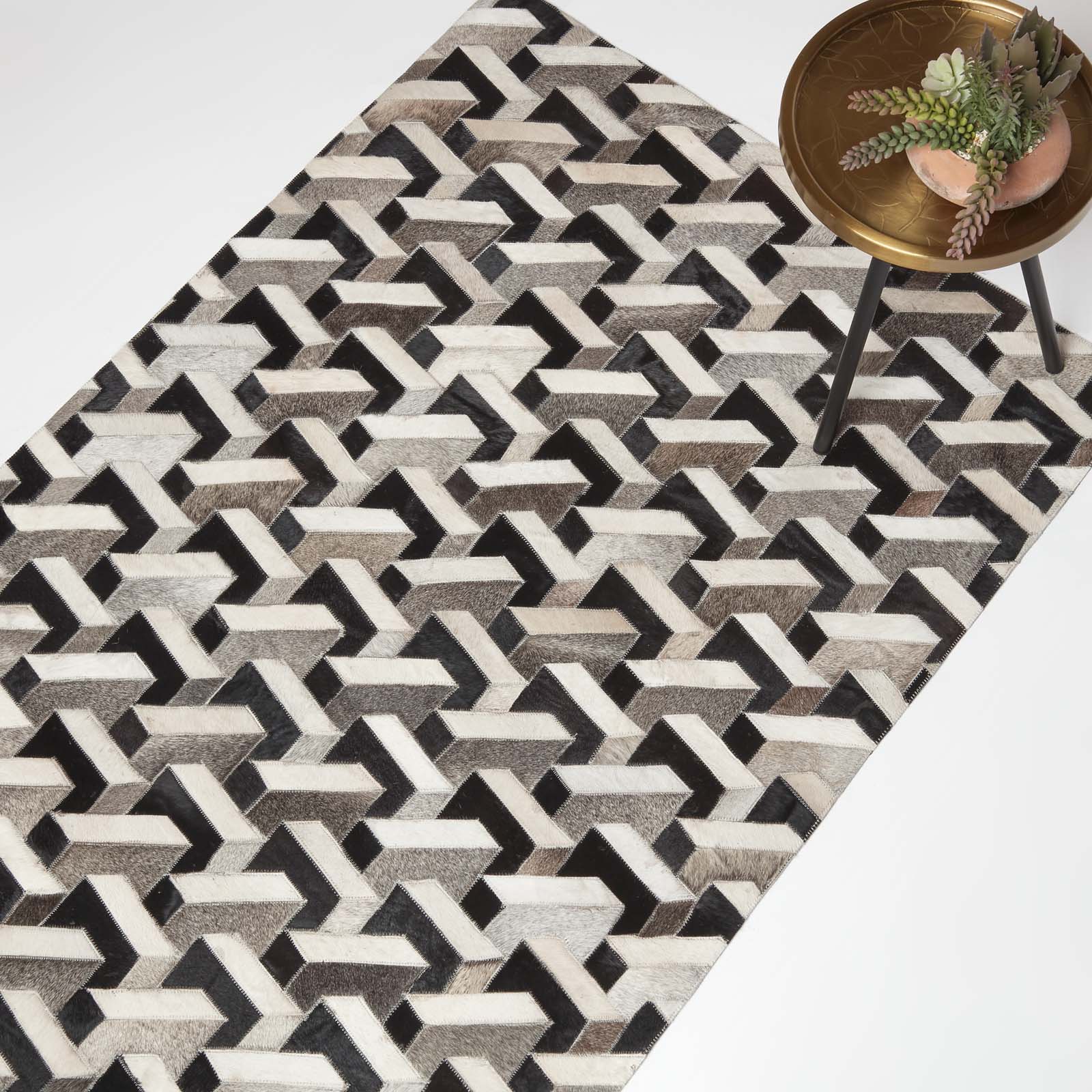 Geometric Leather Rug, 90 X 150 Cm | 150cm x 95cm | Black & Grey