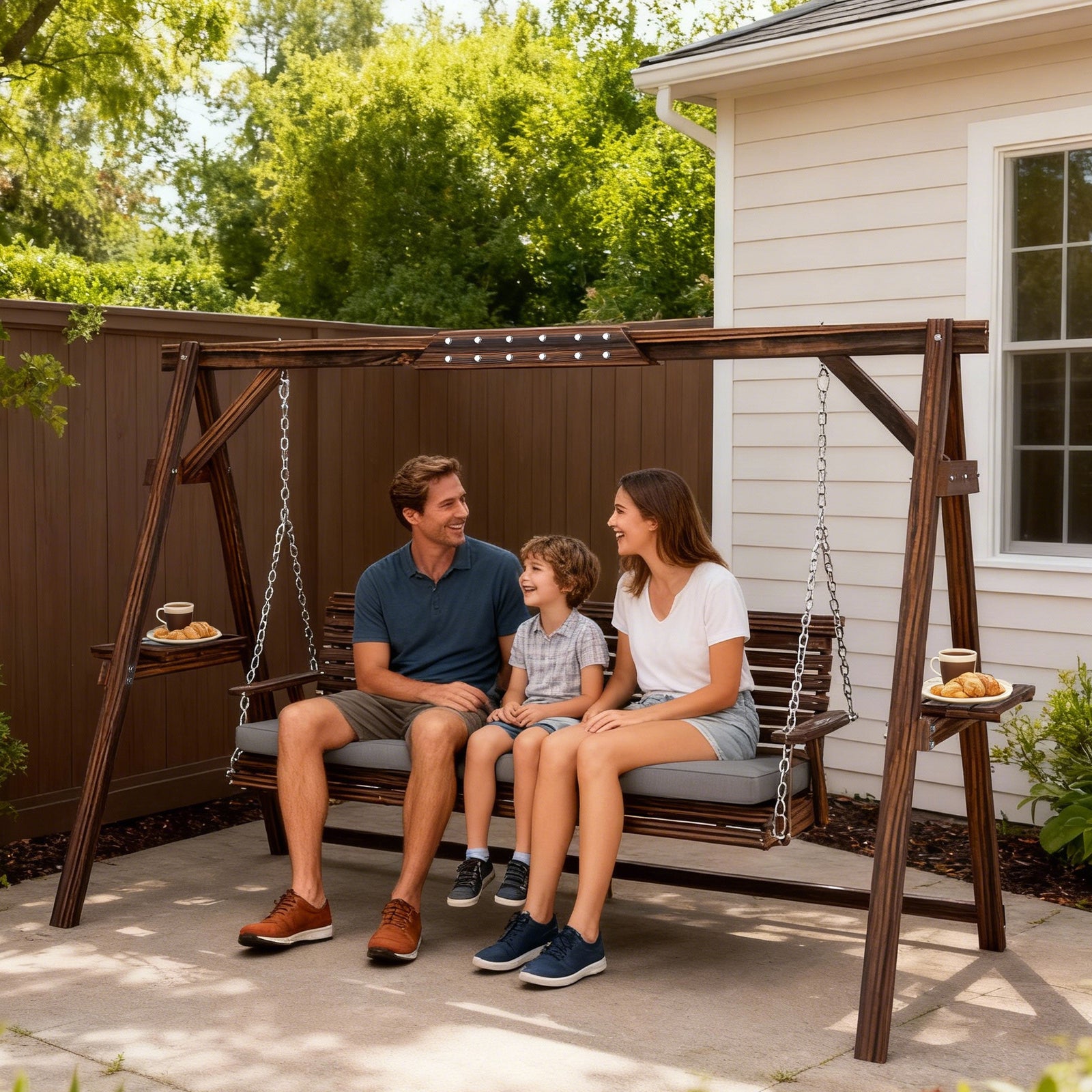 3 Seater Wooden Garden Swing Seat Chair With Side Trays And Cushion