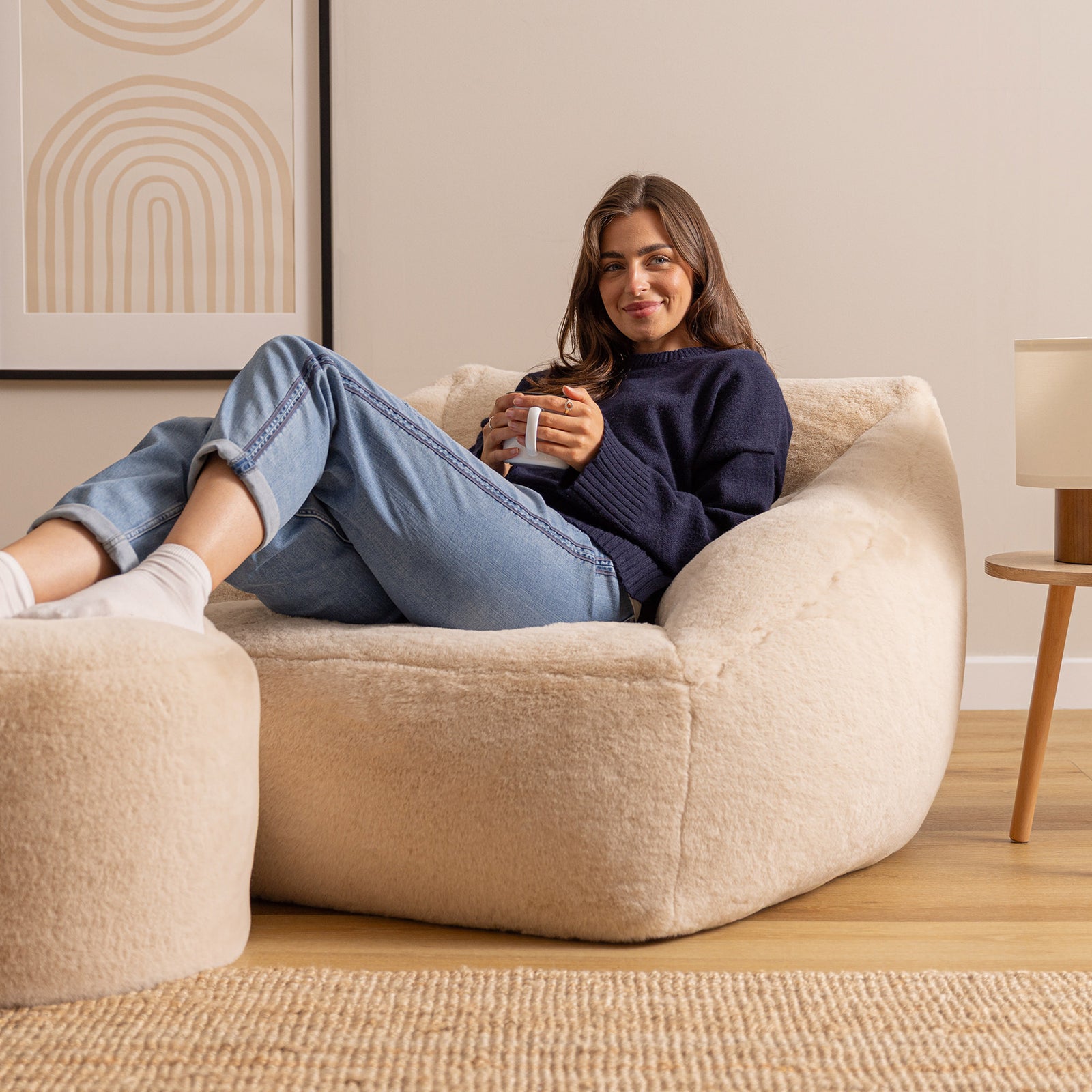 Icon Natalia Armchair And Round Footstool, Rabbit Faux Fur | Medium | Natural