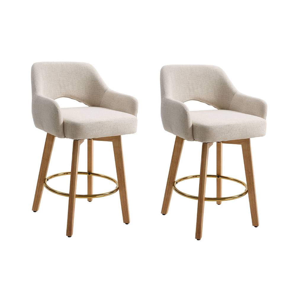 Set Of 2 Swivel Chenille Upholstered Bar Stools With Wooden Legs | Beige