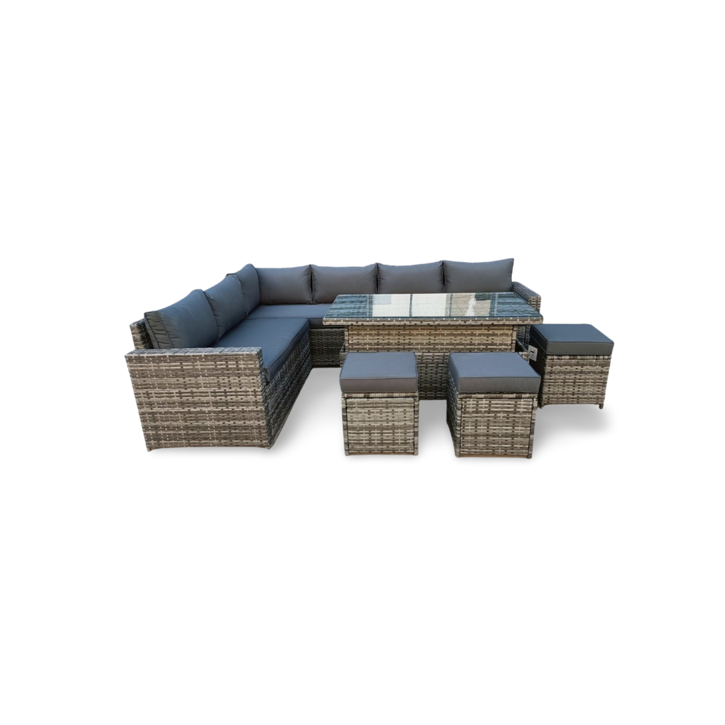 The Tarporley Grey 9 Seat Corner Rattan Dining Set - Rising Table