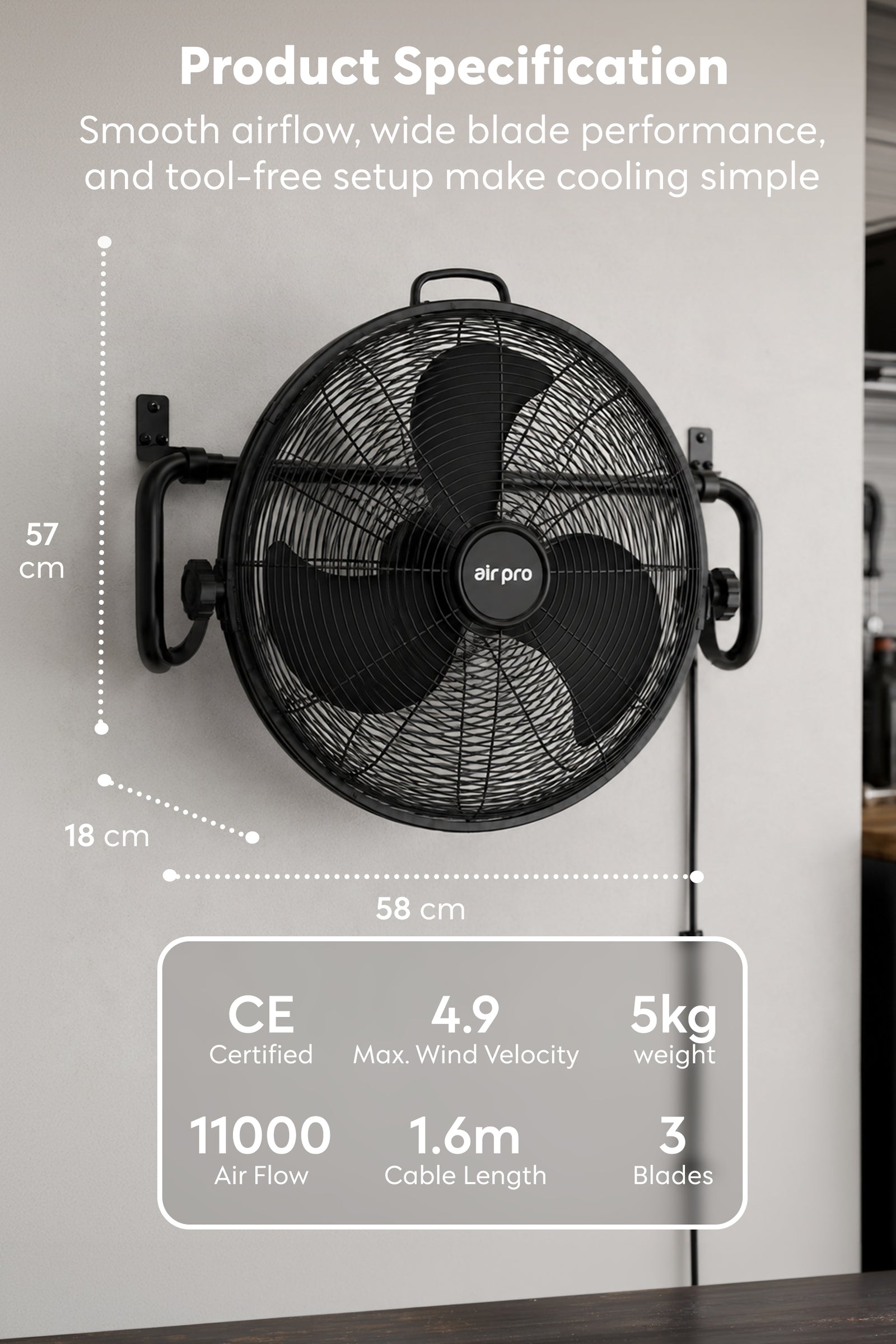 Air Pro 20'' Wall Fan Cooling Fan Wall Mounted - Electric Fan 3 Speeds