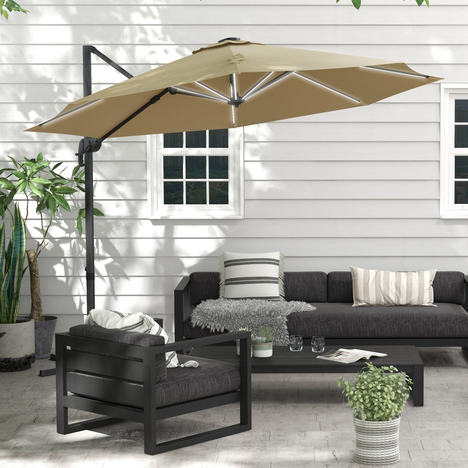 3m Solar Led Cantilever Parasol W/ Base | Khaki