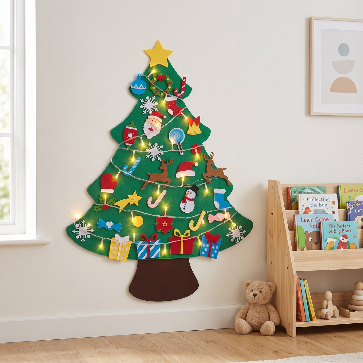 Breeins Wall-mounted Felt Christmas Tree With 33 Removable Ornaments & Led Lights