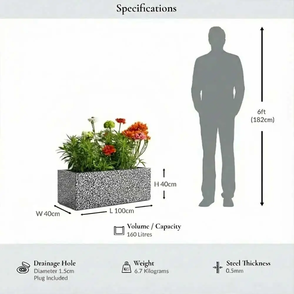 Zinc Galvanised Trough Planter | 100cm x 40cm x 40cm | Silver Black